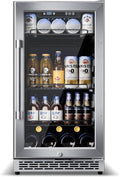 18-inch under-counter beverage refrigerator – 140-Can & 20-Bottle Capacity, Dual-Zone Built-In Beverage Cooler with Glass Door and Quiet Advanced Cooling System