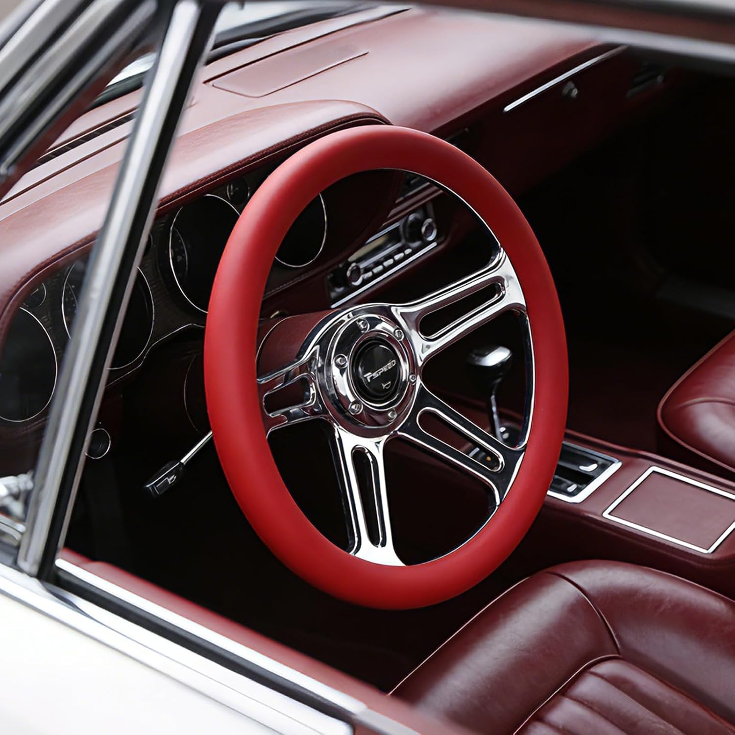 14 inch Red steering wheel,6 Bolt Hole 4 Spoke Chrome-Plated Aluminum Alloy, Deep Dish 70mm, Red Leather Grip with Horn Button Fit for Cars,for Classic Car,for Vintage Car Steering Wheel