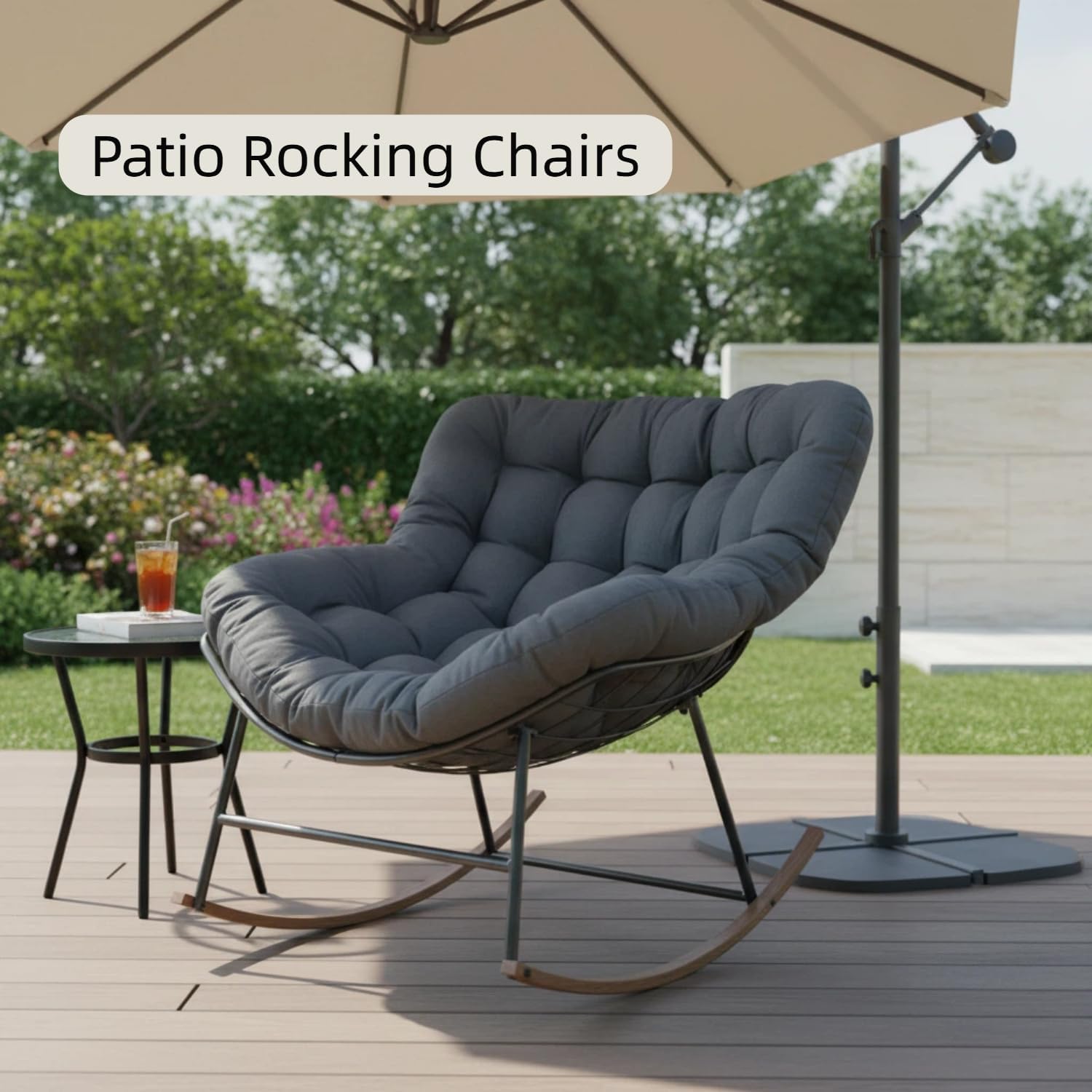 Outdoor Papasan Rocking Chair with Cushion for Patio Porch Balcony, Oversized Cozy Lounge Rocker Chair, All Weather Durable Frame, Comfortable Rocking Chair for Backyard Garden, Gray