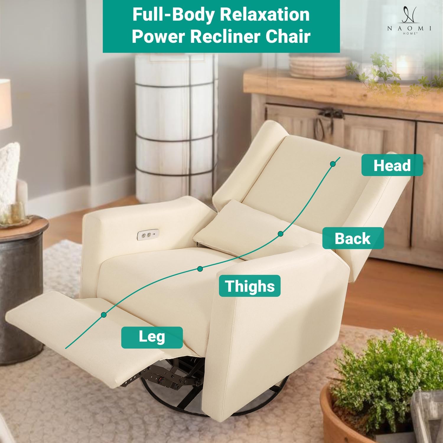 Naomi Home Tanya Luxury Motion Recliner Chair, Cream – Plush Upholstered Glider Rocker with USB Charging, Swivel, and Lumbar Support for Nursery Comfort, 275 lbs Capacity
