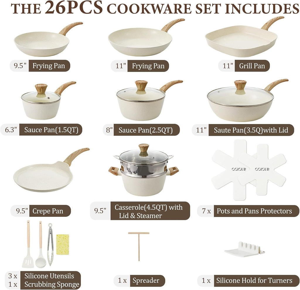 26Pcs Pots and Pans Nonstick Ceramic Cookware Set Nontoxic Kitchen Cooking Set with Steamers Utensils Induction Compatible, PFAS/PFOA Free, Oven and Dishwasher Safe, Cream White