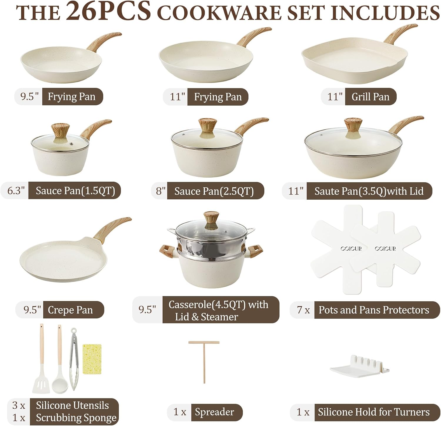 26Pcs Pots and Pans Nonstick Ceramic Cookware Set Nontoxic Kitchen Cooking Set with Steamers Utensils Induction Compatible, PFAS/PFOA Free, Oven and Dishwasher Safe, Cream White