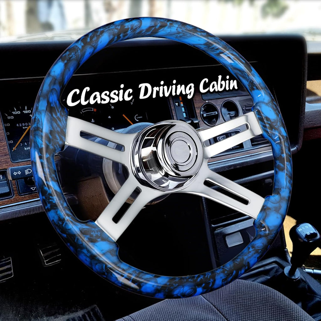 Sorghum 18' Solid Wood Steering Wheel - Hydrographic Blue Skulls 4 Spokes Aluminum Chrome Steering Wheel with Horn Button for Trucks Compatible with Mack Kenworth Peterbilt Volvo Freightliner