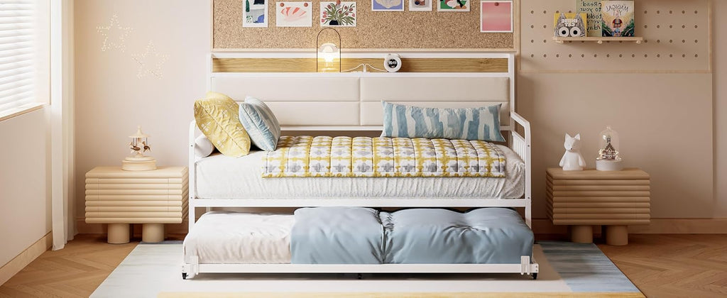 LIKIMIO Daybed with Trundle, Sturdy Metal Twin XL Size Bed Frame with Upholstered Headboard and Charging Station for Living Room, Bedroom and Guest Room, White