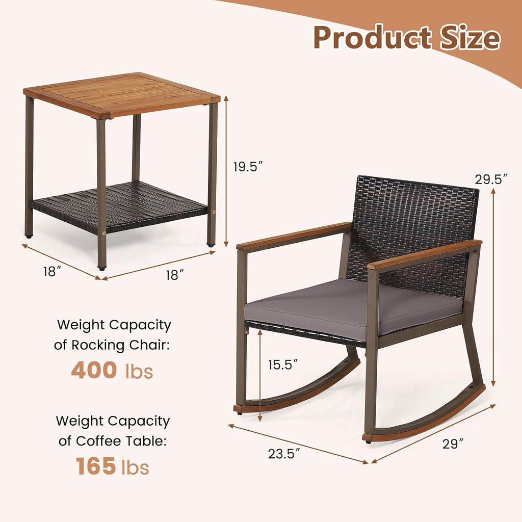 Outdoor Rocking Chair Set, 3 Pieces Patio Set Rocking Chair with Coffee Table & Cushions, Patio Wicker Furniture Set Outdoor Bistro Set for Balcony, Porch & Backyard (Gray)