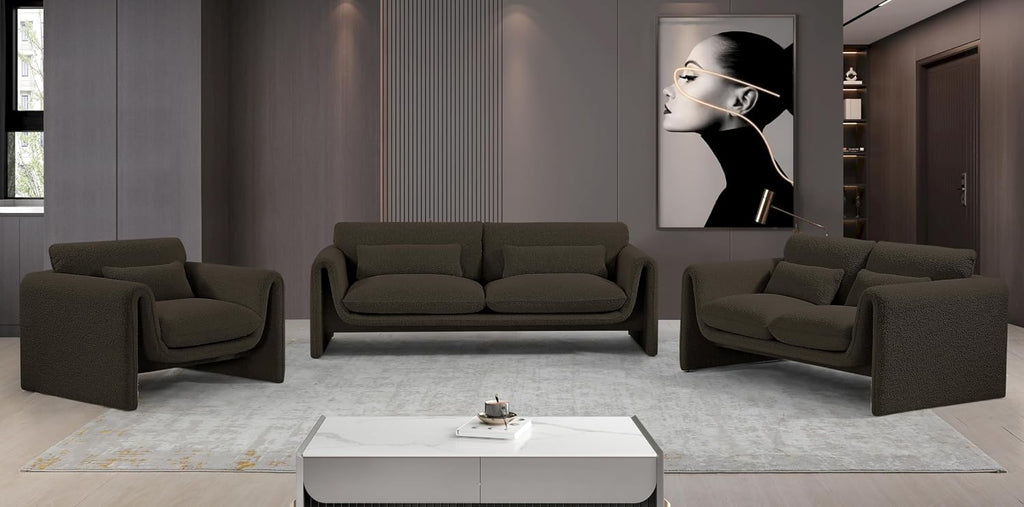 Meridian Furniture 198Brown-S Stylus Collection Modern | Contemporary Boucle Fabric Upholstered Sofa with Rich Brown Boucle Fabric, Curved Arms, 86' W x 38' D x 31' H, Brown