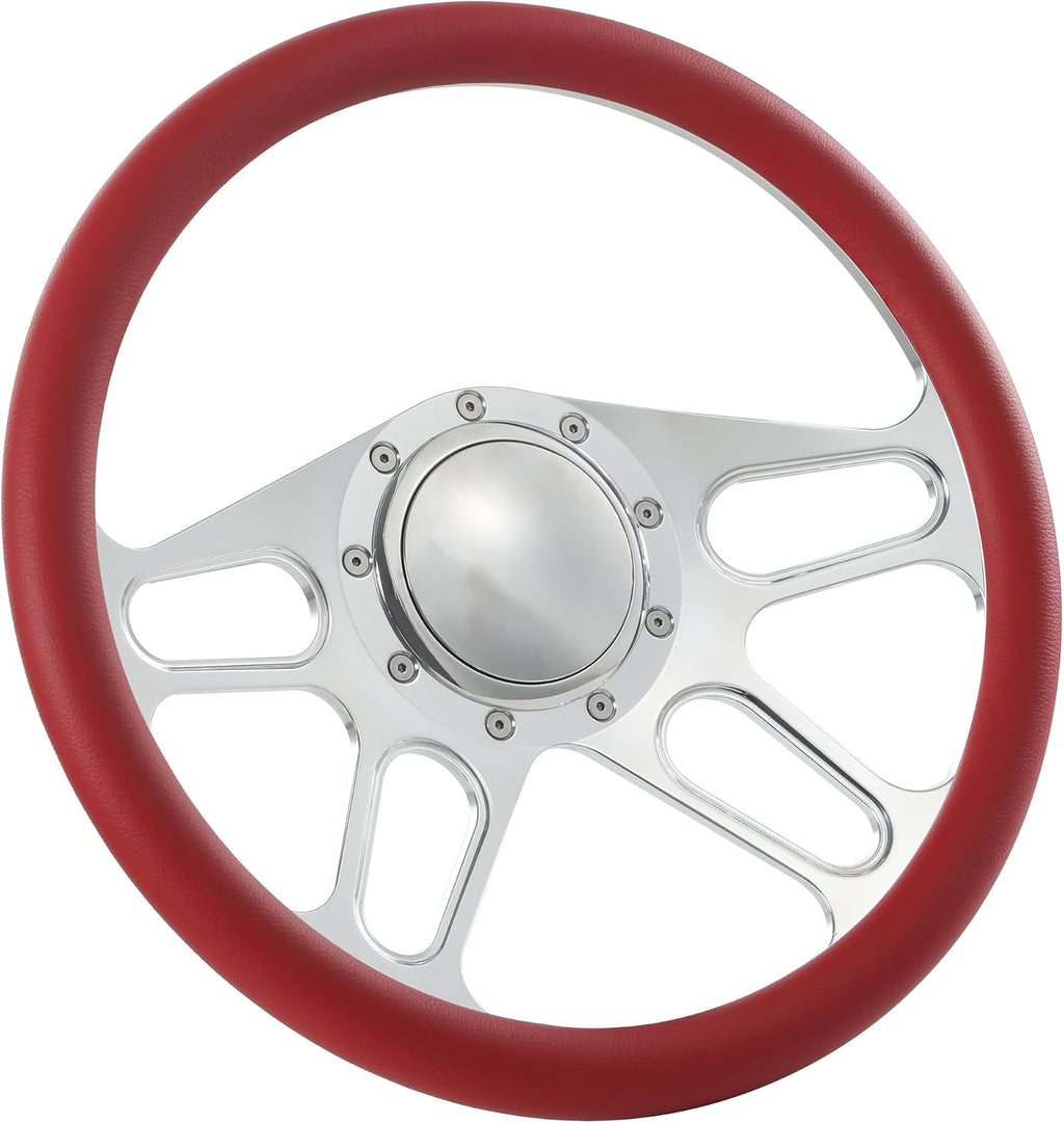 14'' Billet 4-slot Half Wrap 9 Bolts Steering Wheel with 2'' Dish and Horn Button Compatible with Chevy, Ford, GM (Red)