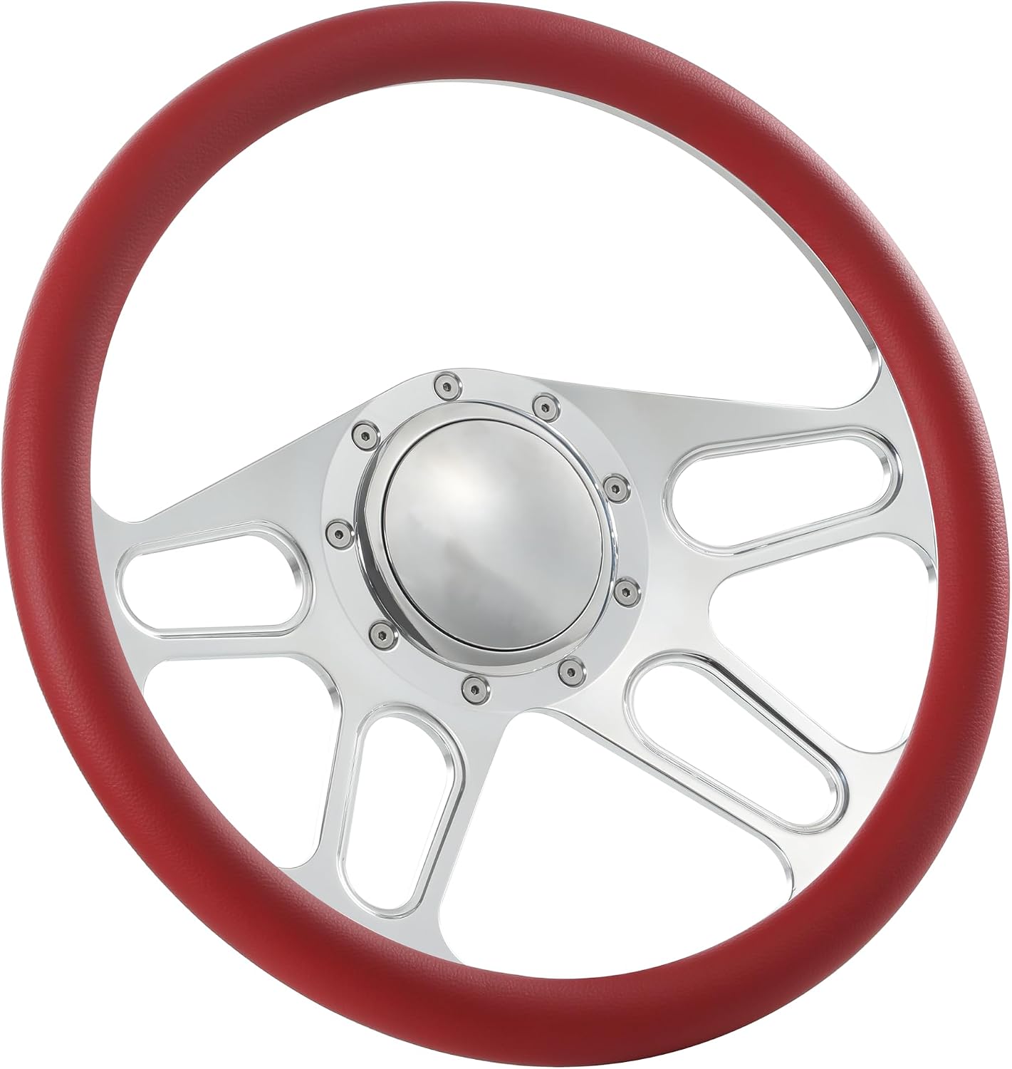 14'' Billet 4-slot Half Wrap 9 Bolts Steering Wheel with 2'' Dish and Horn Button Compatible with Chevy, Ford, GM (Red)