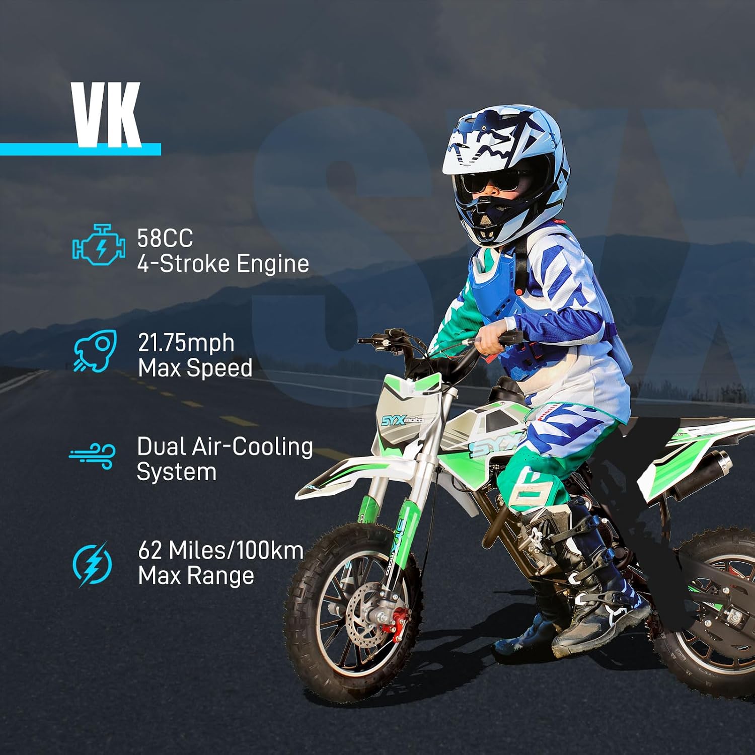 58cc Dirt Bike, 4-Stroke Gas Power Mini Pit Bike,Off-Road Motorcycle for Kids,Pull Start,10' Tires,with Child Protective Equipment Sets(GreenWhite)
