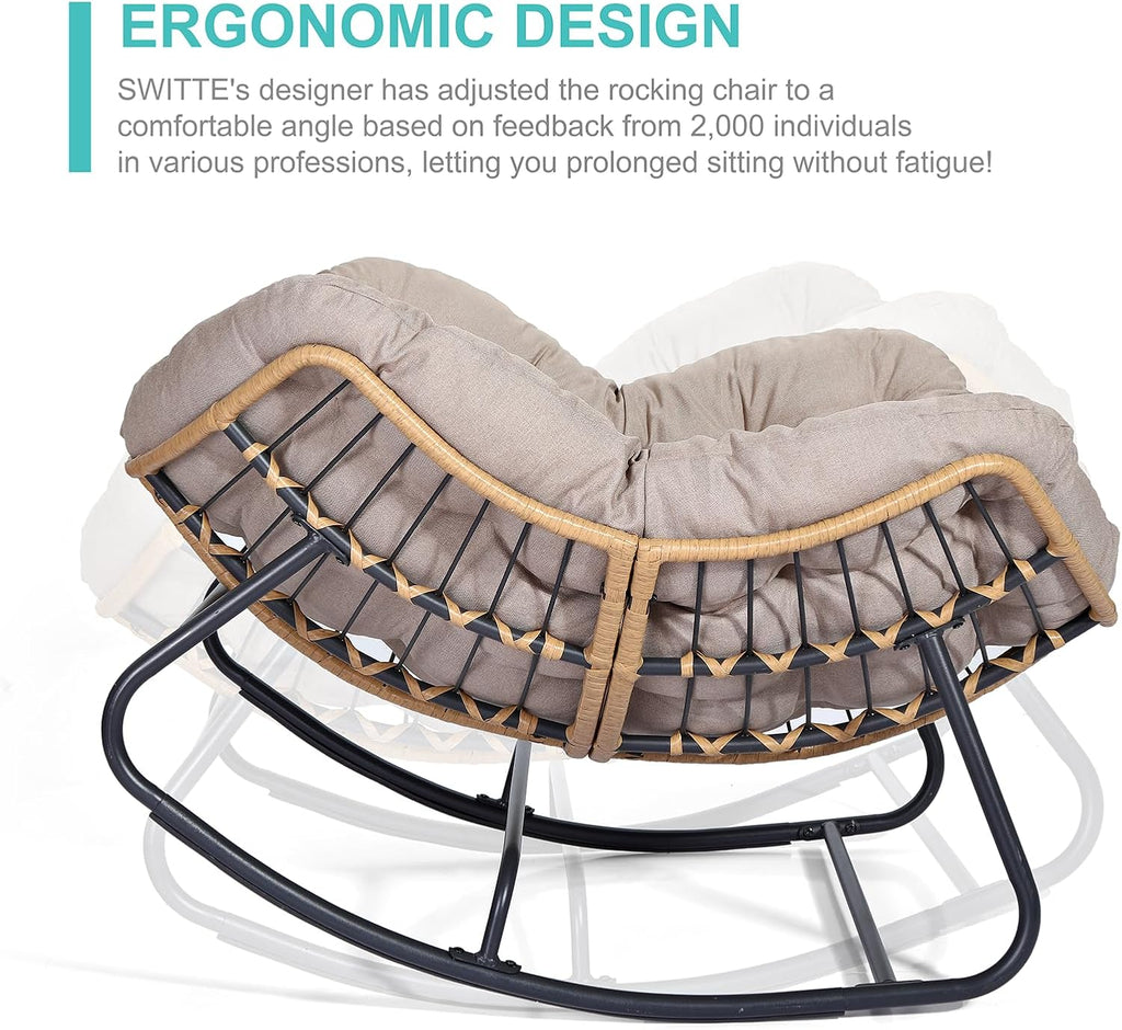 SWITTE Outdoor Rocking Chair, Indoor Papasan Rocking Lounge with Thick Cushion, Oversized Cozy Patio Rocker for Bedroom, Living Room, Porch, Garden, Lawn-Cream