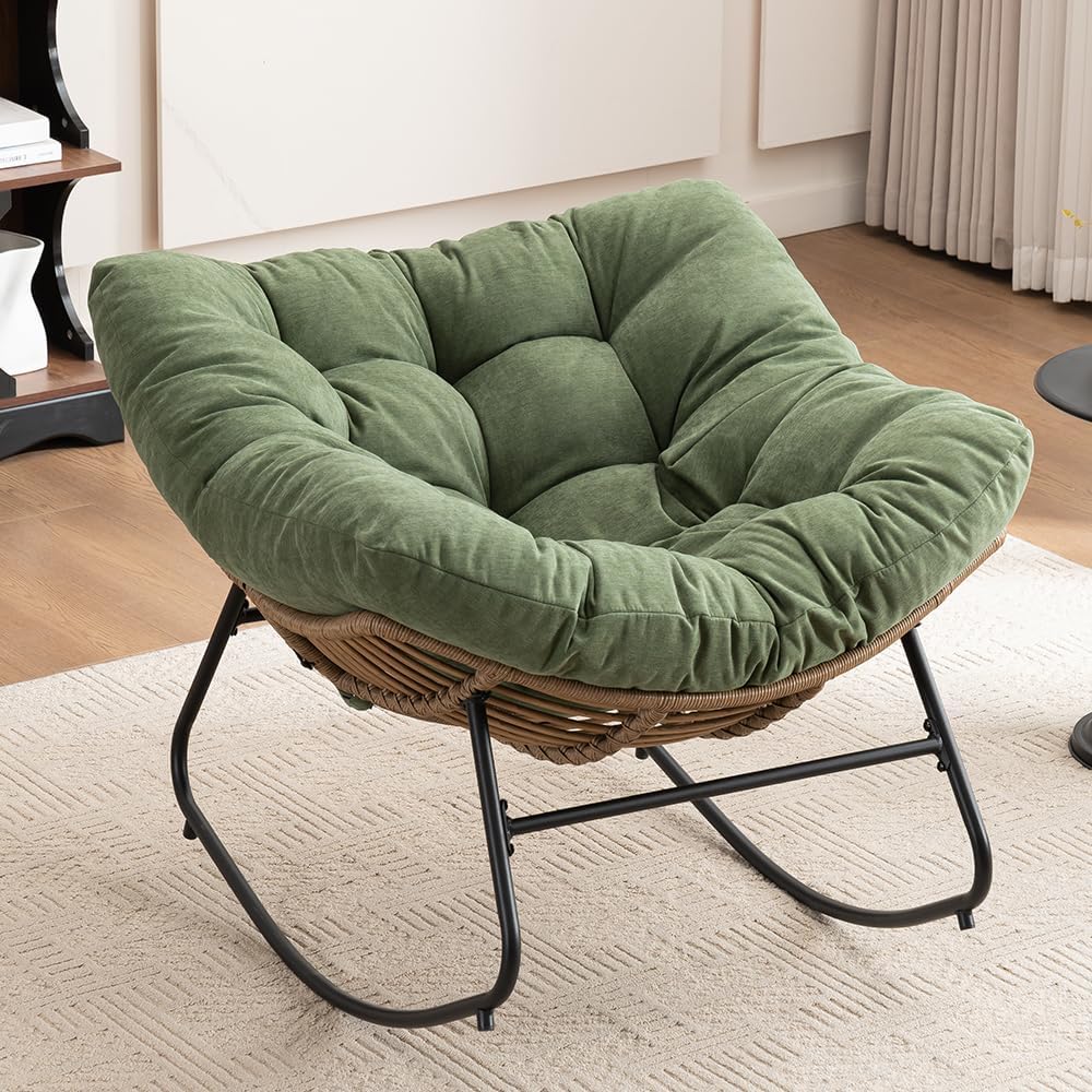 Outdoor Papasan Chair, Oversized Rocking Chair with Cushion and Metal Frame, Patio Lounge Rocking Chair for Balcony Backyard Porch Bedroom Living Room (Green)