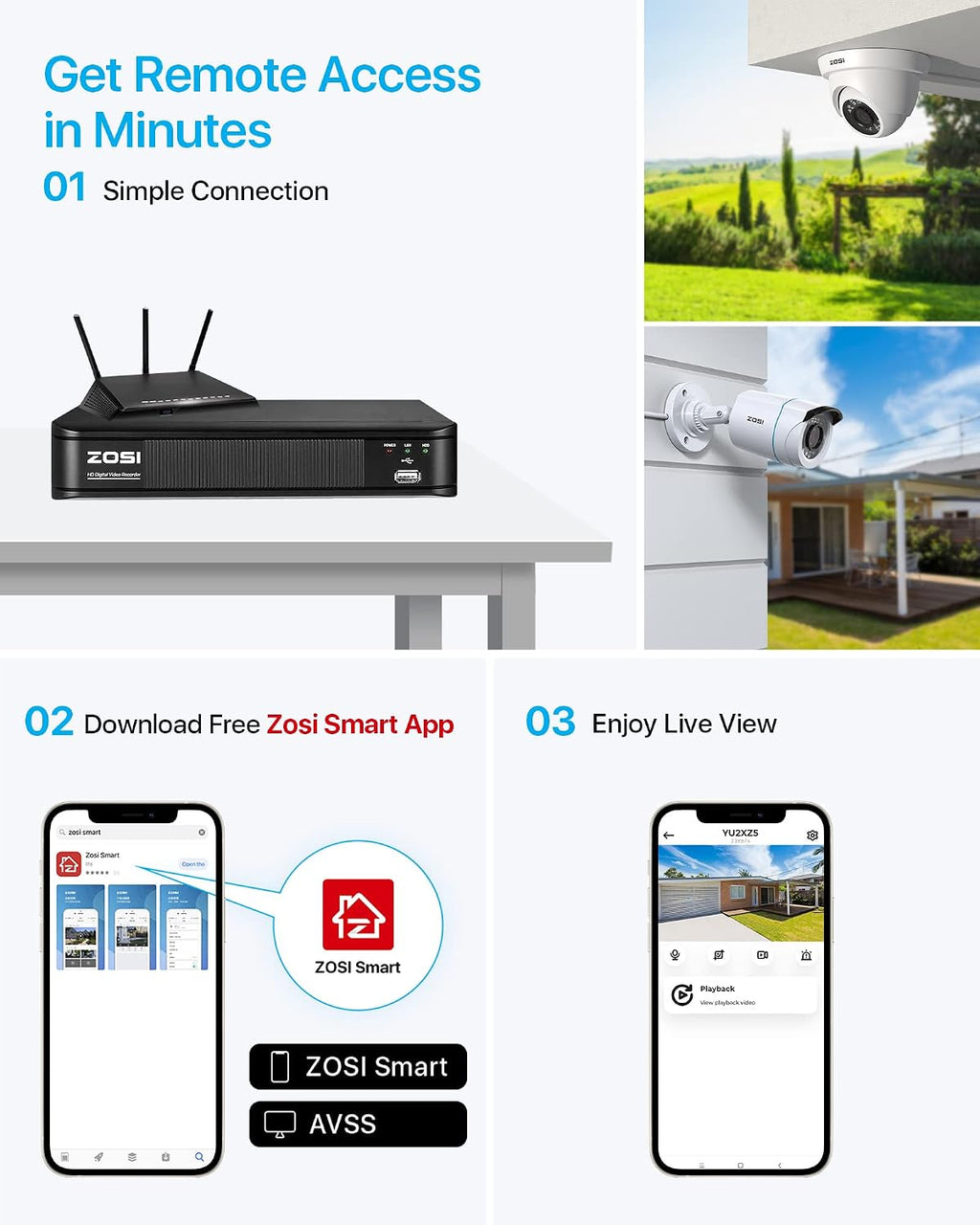 ZOSI H.265+ 8CH 1080p Home Security Camera System Indoor Outdoor, 5MP 8 Channel Lite CCTV DVR, 8 x 1080p Weatherproof Surveillance Bullet Dome Camera, Remote Access, Motion Detection (No HDD), White