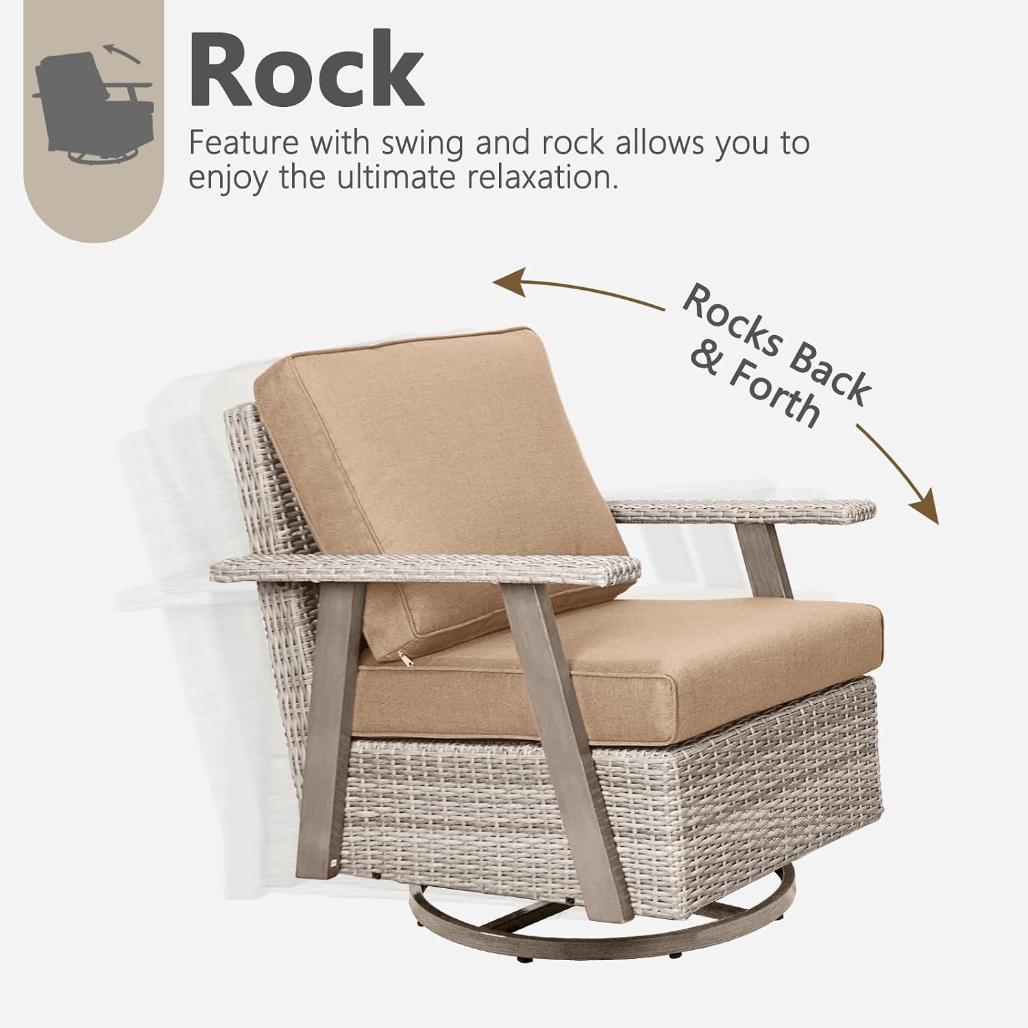 2 PCS Outdoor Patio Furniture Set, Oversized Swivel Patio Chairs Set of 2, Outdoor Swivel Rocking Glider Chairs Set, Brown/Taupe PE Wicker Rocking Chair with Brown Cushion for Porch Garden