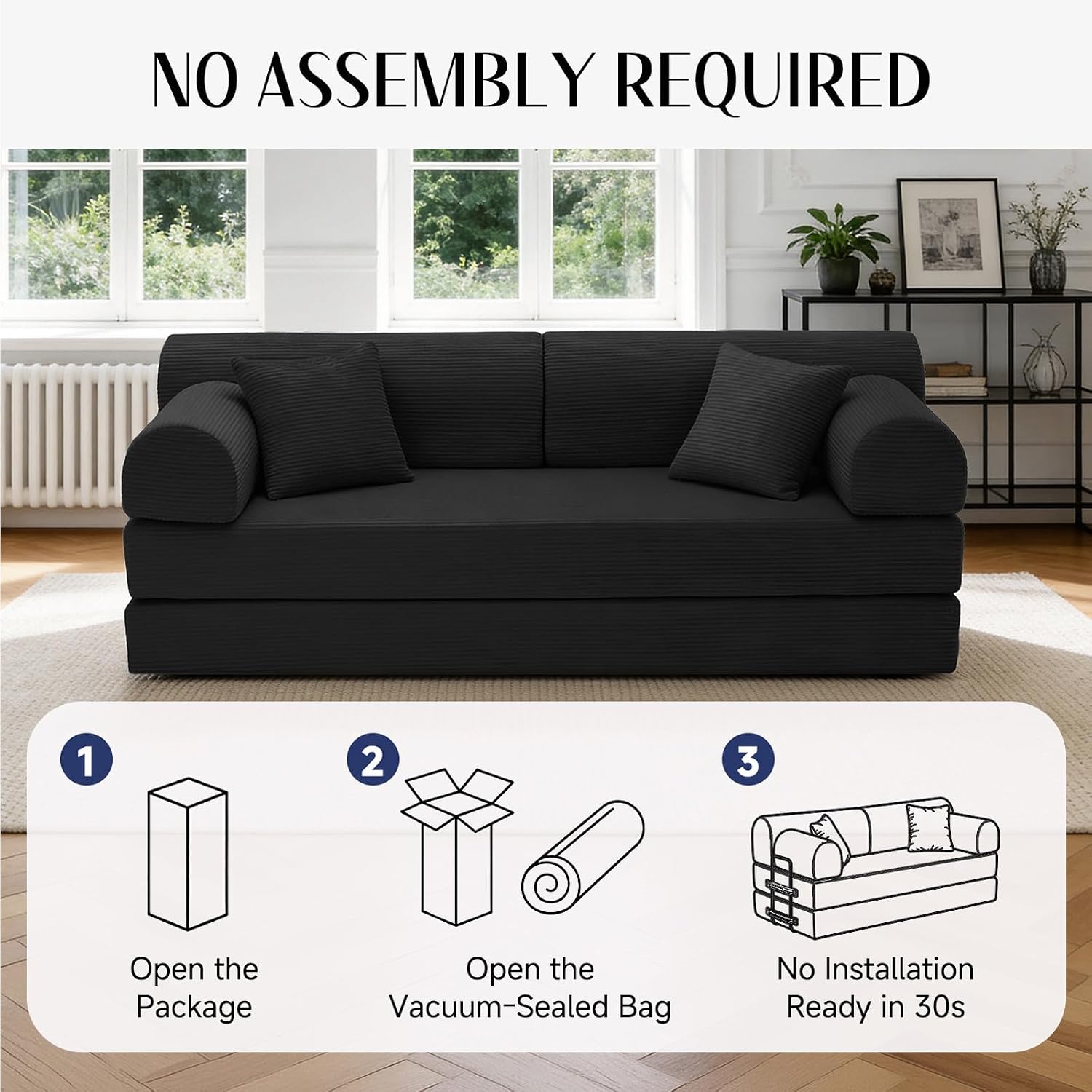 79'' Convertible Sofa Bed, 6 in 1 Folding Floor Futon Couch Sleeper with Fixed Frame, Corduroy Modular Sofa Bed with Removable Armrests & Pillows, No Assembly for Living Room Bedroom (Black)