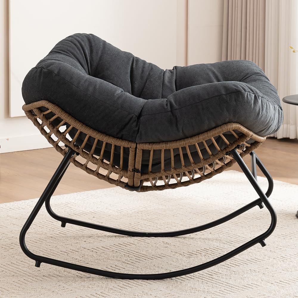 Outdoor Papasan Chair, Oversized Rocking Chair with Cushion and Metal Frame, Patio Lounge Rocking Chair for Balcony Backyard Porch Bedroom Living Room (Black)