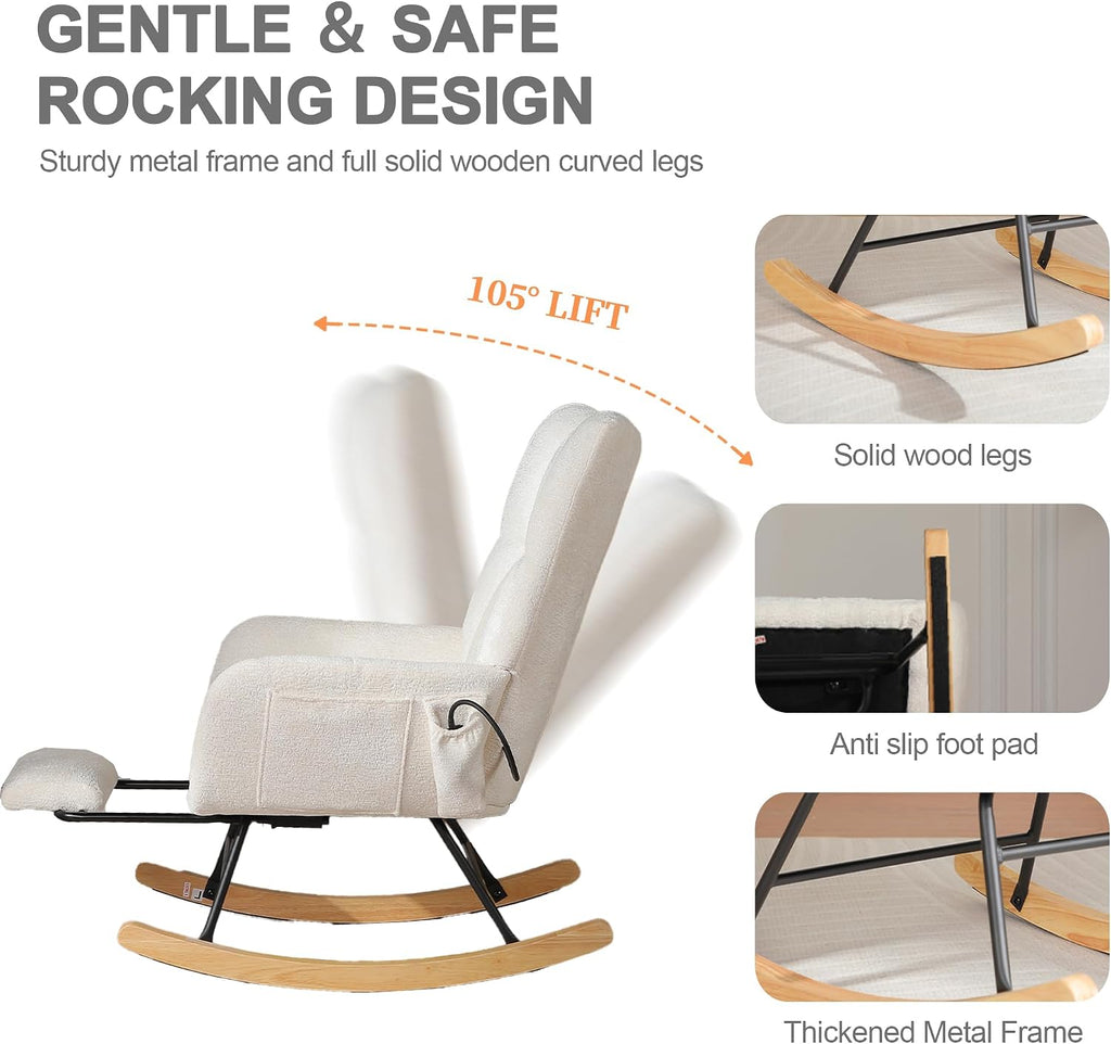 Rocking Chair Nursery with Airbag, Comfy Modern Nursery Rocking Reading Chair Indoor with Footrest, Cozy Upholstered Glider Rocker Chairs for Living Room Bedroom Offices(Chenille, White)