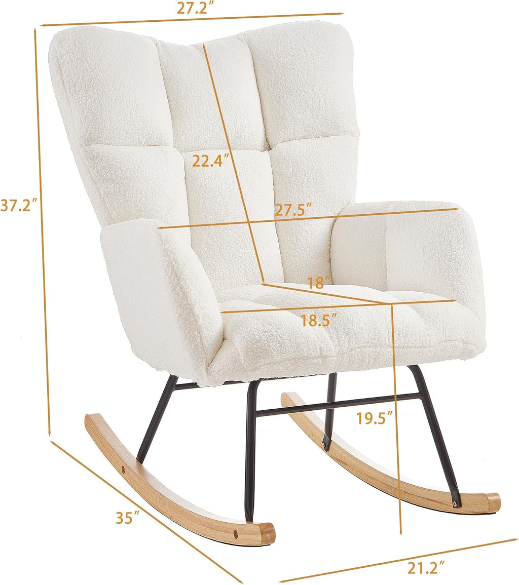 Glider Chair for Living Room & Nursery, Tufted Upholstered Teddy Rocking Chair with High Backrest & Stable Metal Frame, 300lbs Capacity, Comfy Rocker Glider for Adults & Kids, Office & Bedroom(Ivory)