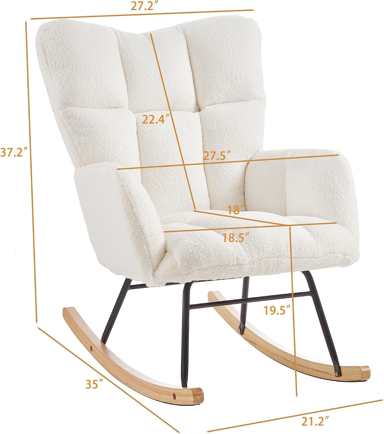 Glider Chair for Living Room & Nursery, Tufted Upholstered Teddy Rocking Chair with High Backrest & Stable Metal Frame, 300lbs Capacity, Comfy Rocker Glider for Adults & Kids, Office & Bedroom(Ivory)
