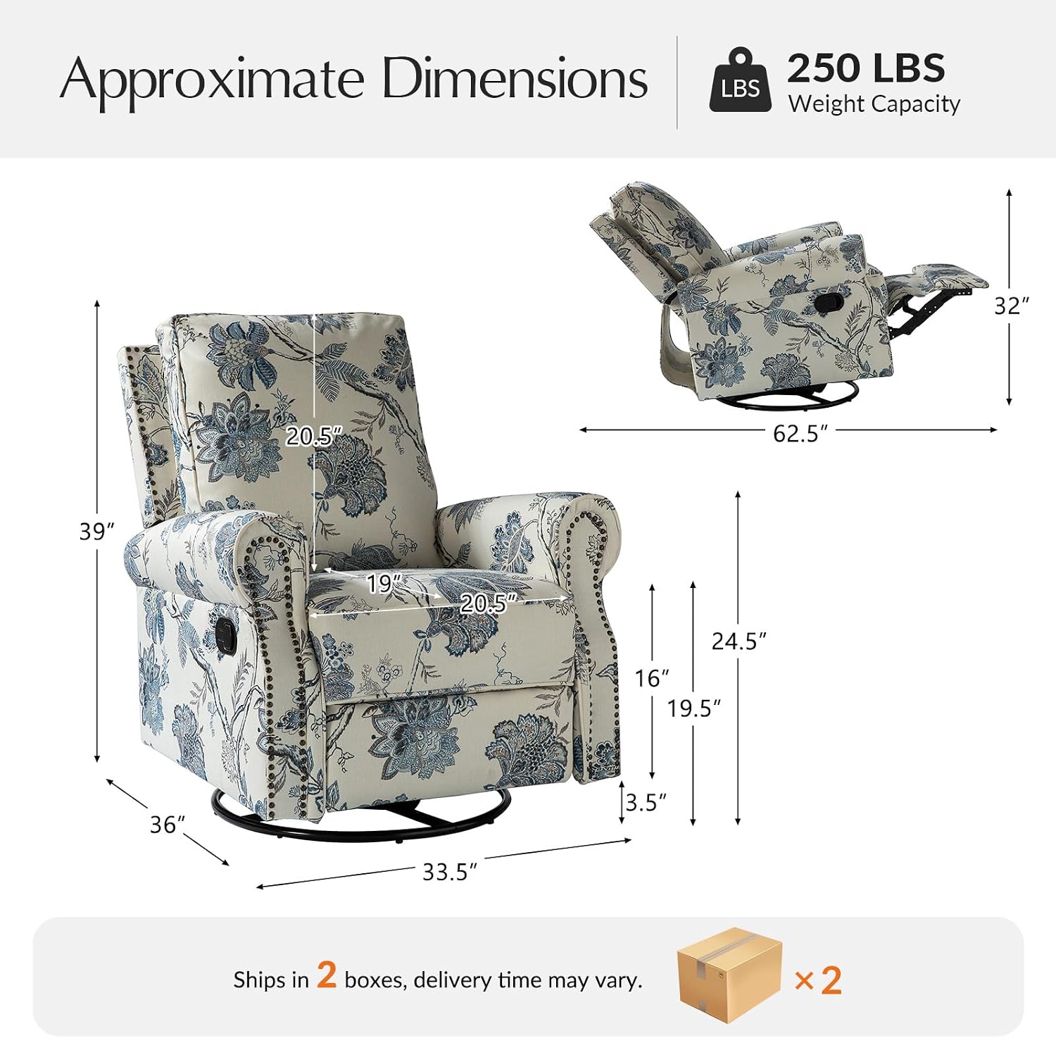 HULALA Home Rocker Recliner Set of 2, Modern Printed Fabric Swivel Glider w/Adjustable Backrest & Footrest, JEACOBEAN