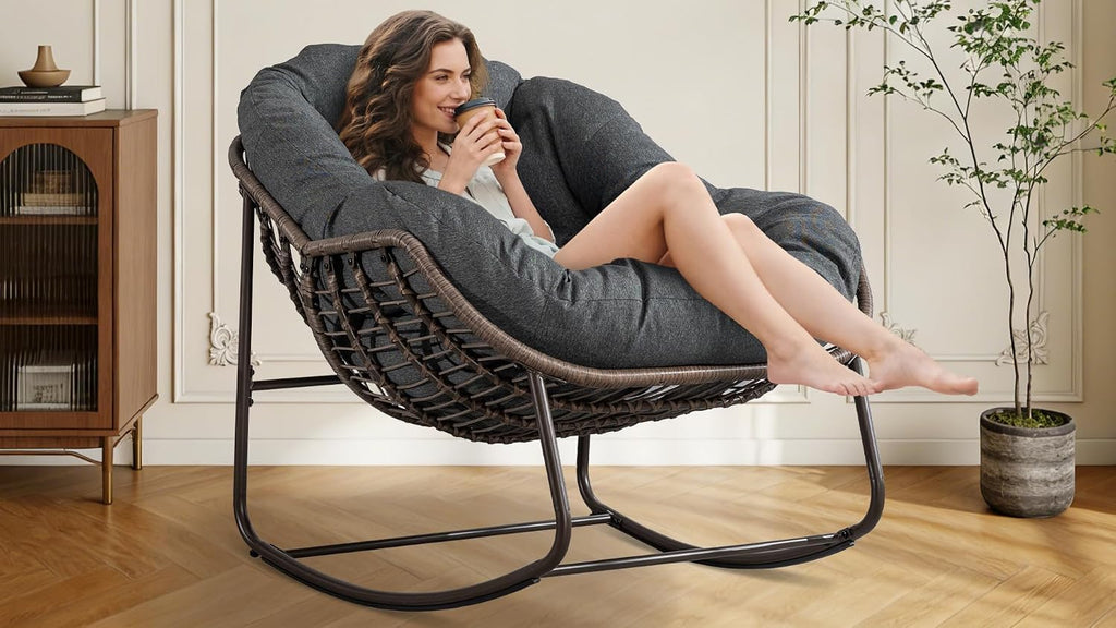 Oversized Papasan Rocking Chair - Outdoor Luxury Comfy Patio Chair Set of 2 Indoor Egg Royal Double Rattan Rocking Chair with Cushion for Front Porch Lounge Lawn Bedroom (Grey)