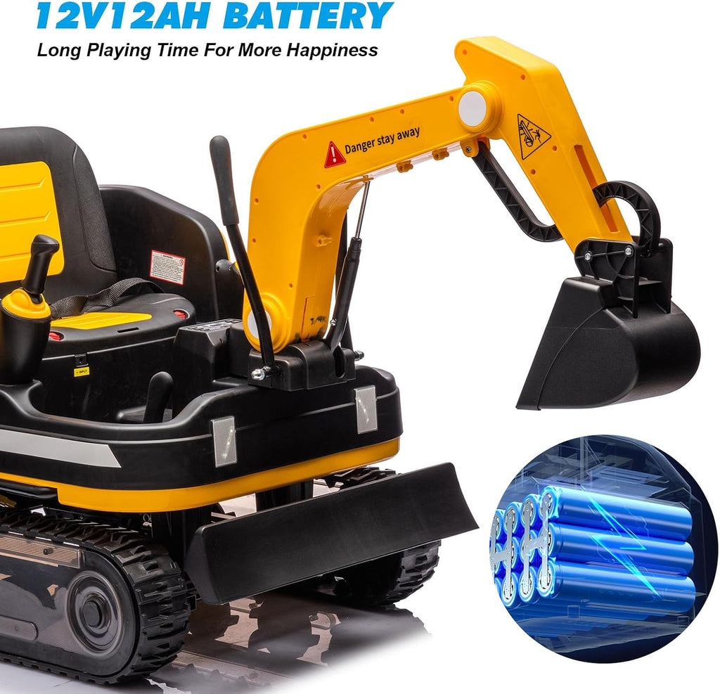 360 Degree Rotating Ride On Excavator and Bulldozer,JOYLDIAS 12V12AH Battery Powered Ride On Toy Backhoe W/Track Design Wheels for All Terrain,Remote Control,MP3,Toolbox for Kids,Parent,Yellow