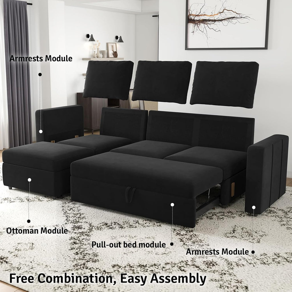 Belffin Modular Sectional Sofa with Sleeper Sofa Couch Pullout Bed, Oversized U Shaped Sleeper Sectional Couch with Storage Seat for Living Room, Black