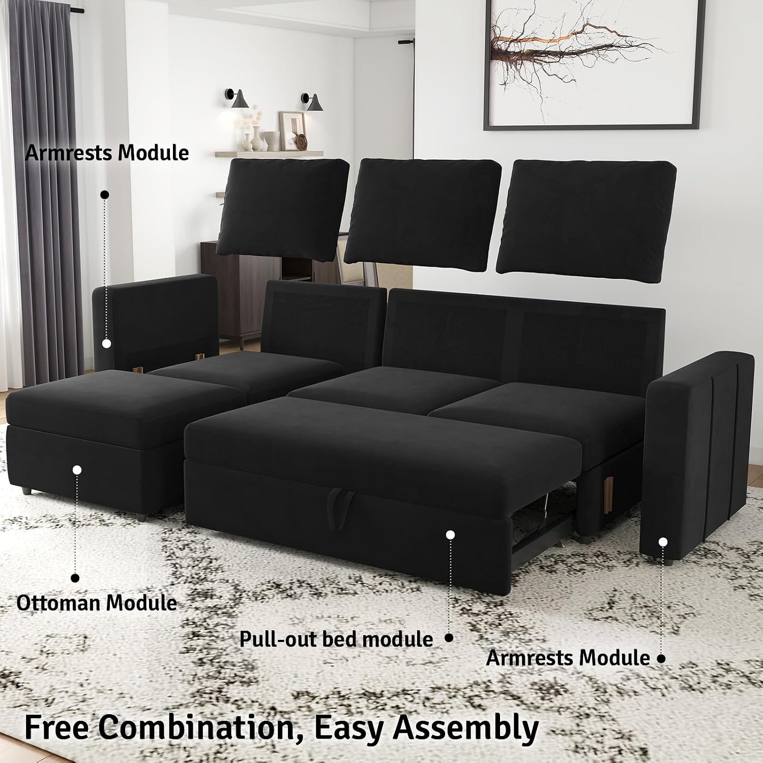 Belffin Modular Sectional Sofa with Sleeper Sofa Couch Pullout Bed, Oversized U Shaped Sleeper Sectional Couch with Storage Seat for Living Room, Black