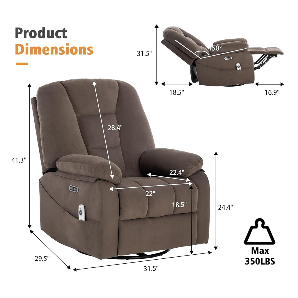 Ketaiyou Power Swivel Rocker Recliner with Massage and Heat, USB and Type-C Port, Infinite Position, Electric Glider Rocking Chairs Living Room, Soft Fabric Reclining Sofa Chair (Velvet Brown)