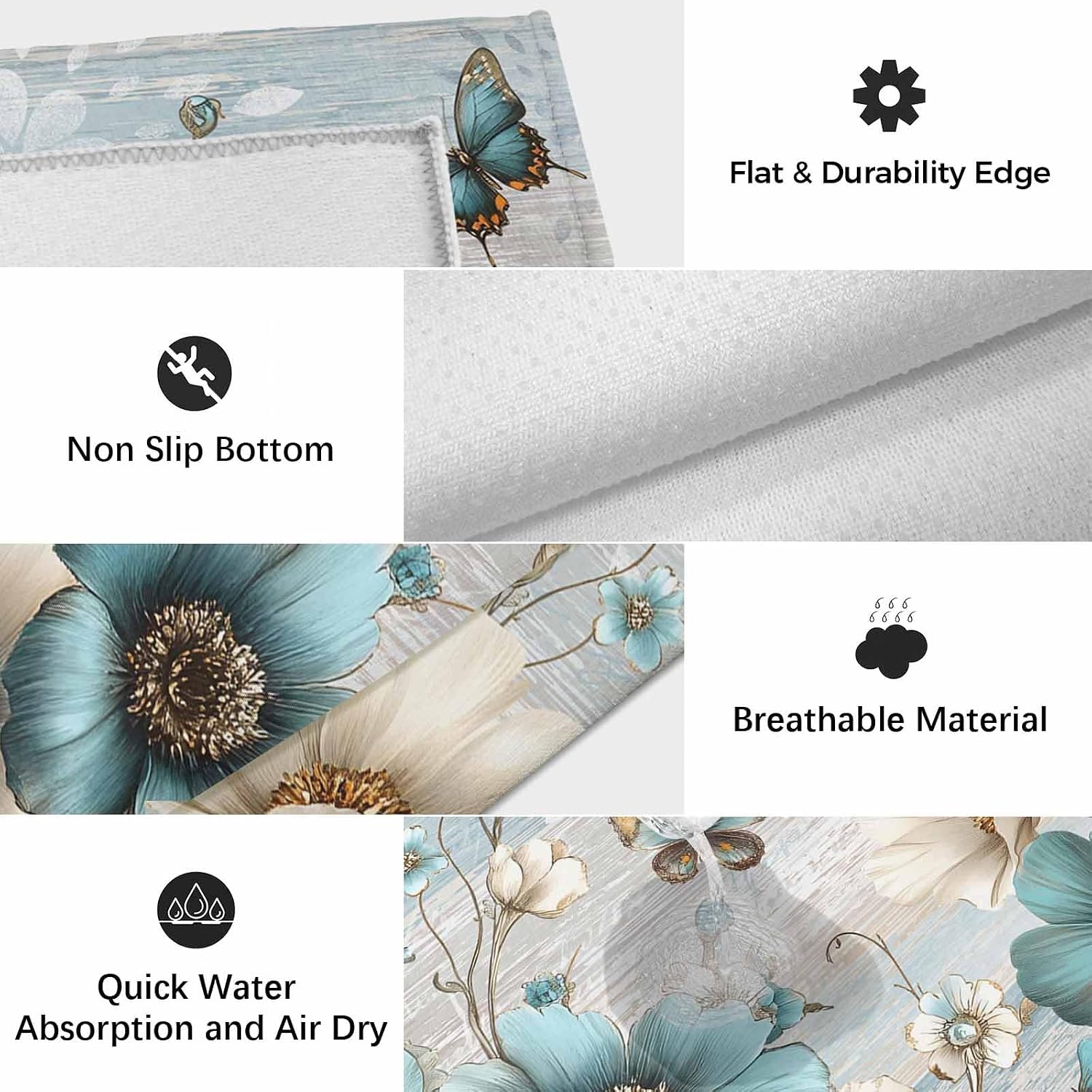 Teal Tulip Butterfly Outdoor Rug for Patio/Deck/Porch, Non-Slip Large Area Rug 4 x 6 Ft, Beige Turquoise Floral Farmhouse Blue Indoor Outdoor Rugs Washable Area Rugs, Camping Rug Carpet Runner