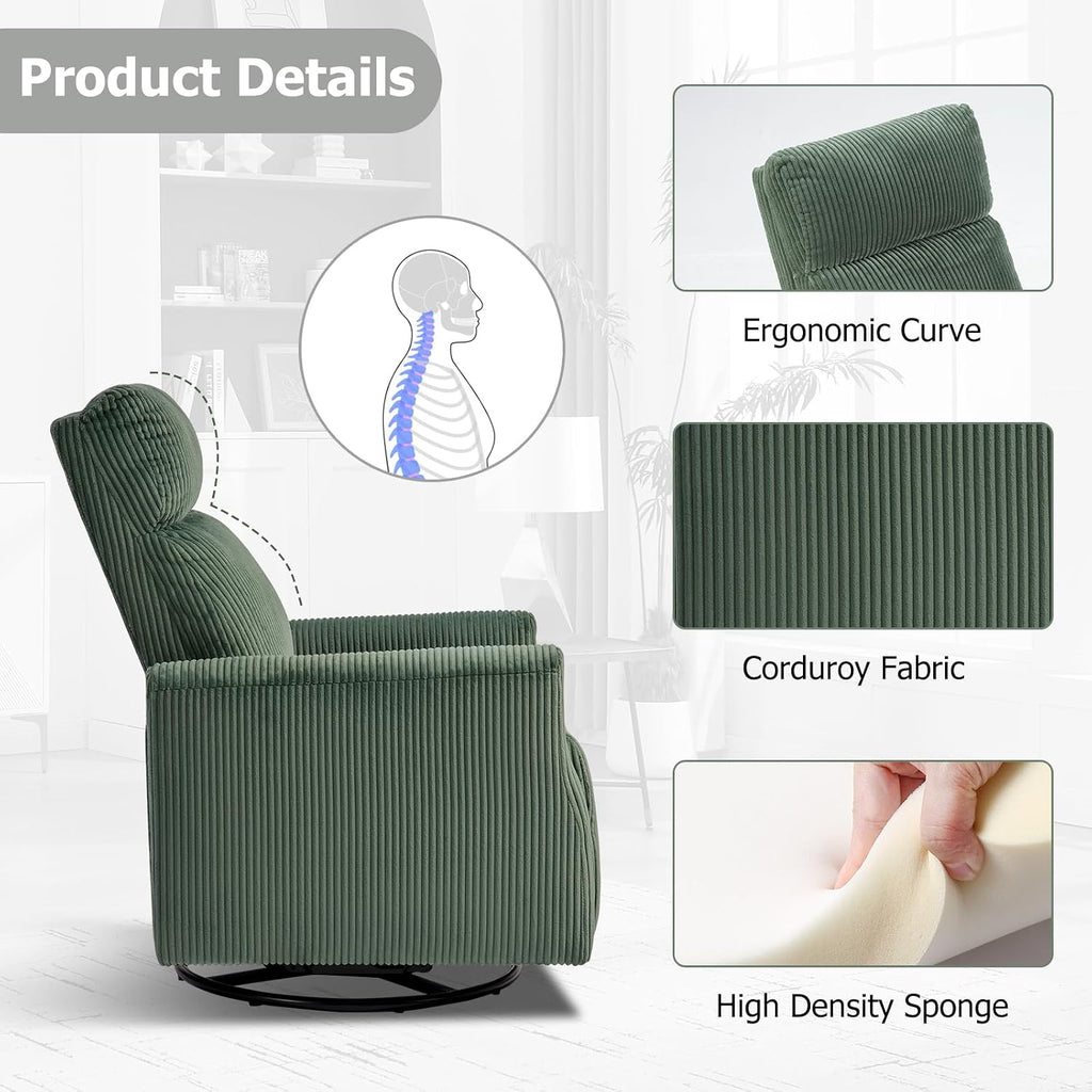 CANMOV Swivel Rocker Chair Set of 2, Swivel Accent Chair with High Back and Arms, Corduroy Glider Chair for Living Room Bedroom Nursery, Green
