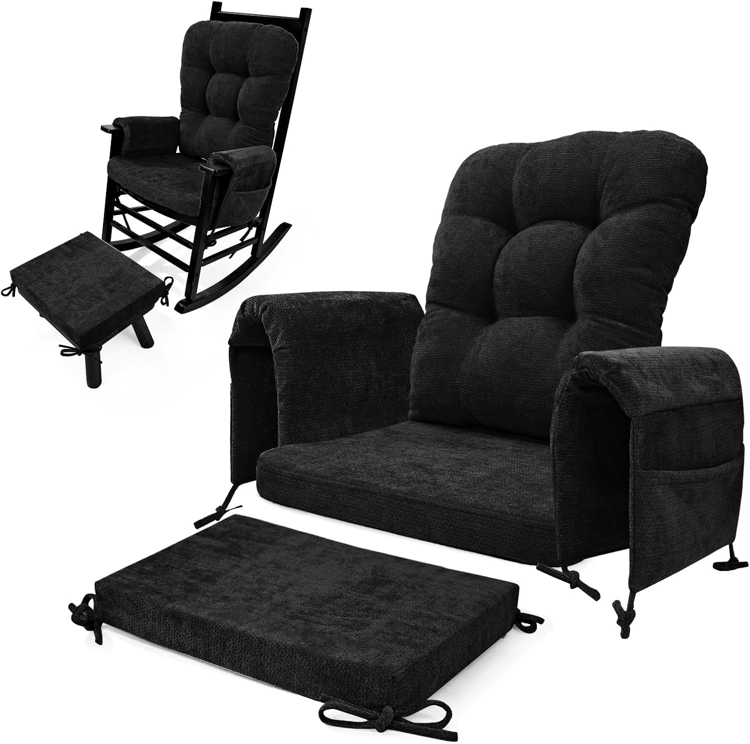 5 PCS Glider Rocker Replacement Cushions with Storage Side Pocket, Luxuriy Chenille Fabric Foam & Microfiber Filling, Thickened & Supportive Rocking Chair Cushion Set, Black