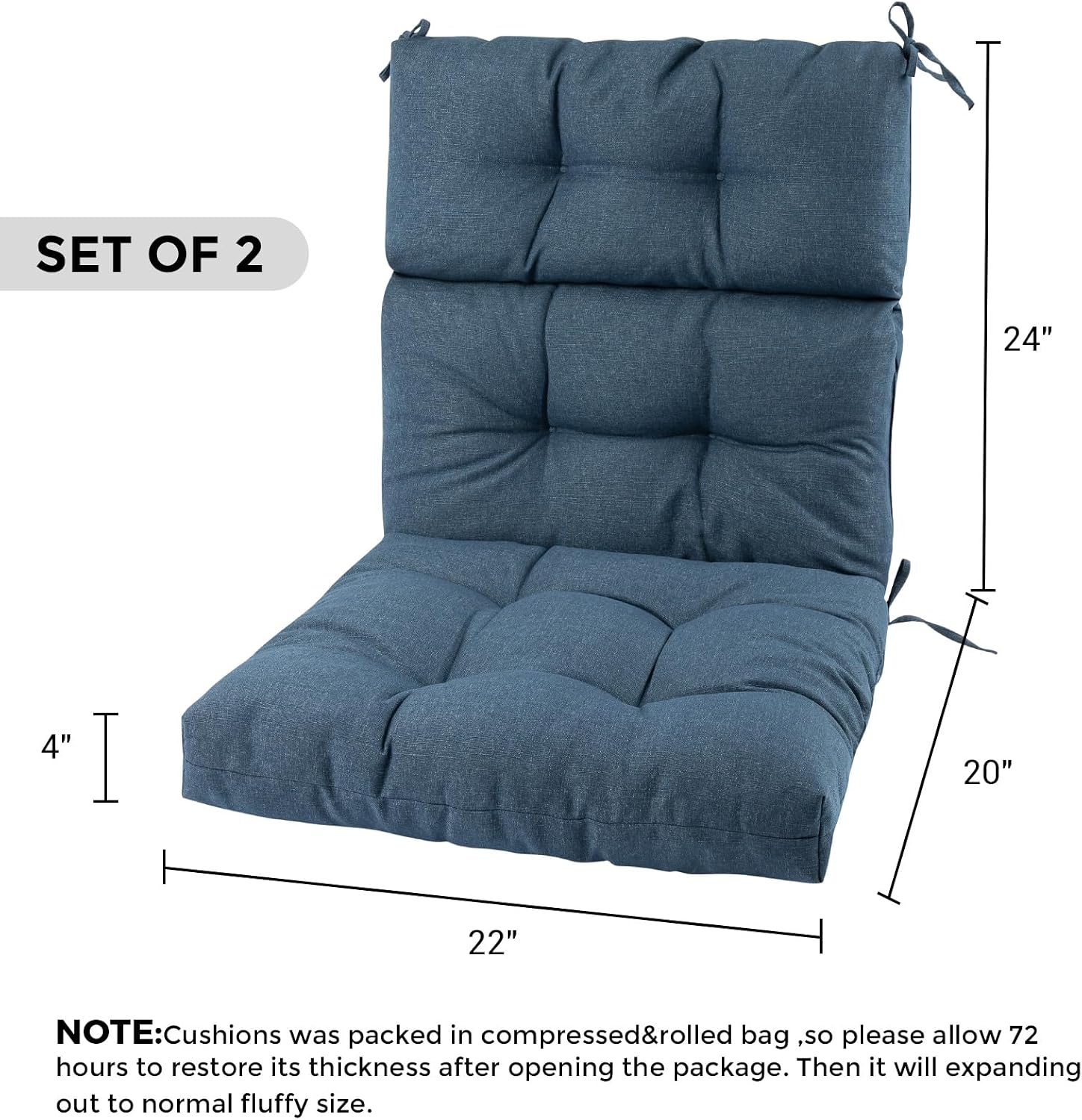 FUNHOME Outdoor High Back Chair Cushions Set of 2,Reversible Lawn Chair Cushion 44 x22 inch,Water Resistant Tufted Adirondack Chair Cushion,for Garden Rocking Chair,Patio Furniture(Denim Blue)