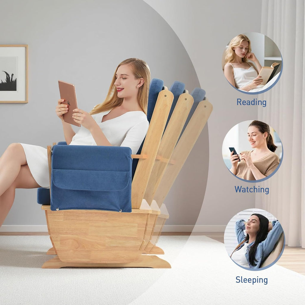 Solid Wood Nursery Glider Rocking Chair, Nursing Rocker Chair with Padded Cushion Armrest, Silent Smooth Rocking Motion for Indoor Living Room Napping Reading, Natural Wood + Light Blue