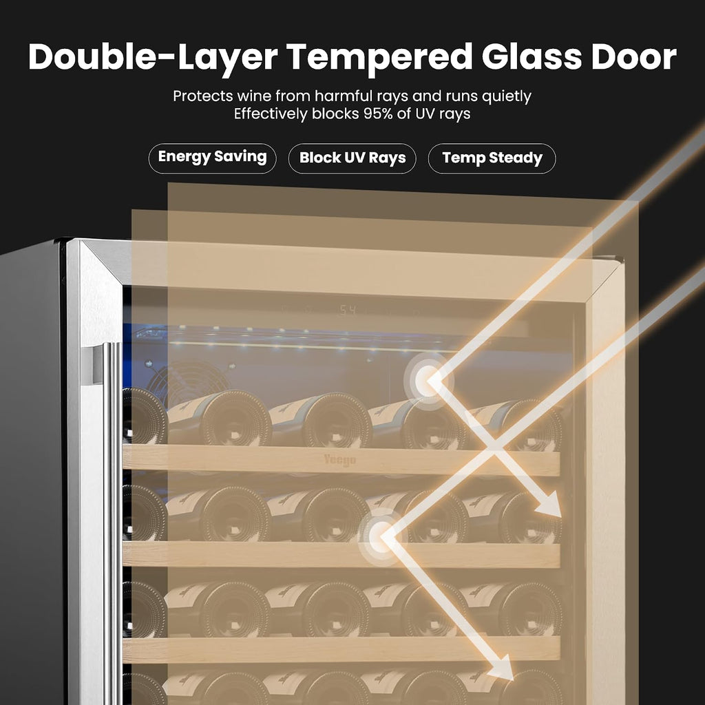Yeego Wine Fridge Cooler - 24 Inch Wine Fridge Hold 52 Bottles, 40-65°F Wine Refrigerator Glass Door, Built in Fridge, Freestanding Adjustable Shelves Fridge for Beer Soda Drink Home Bar Office