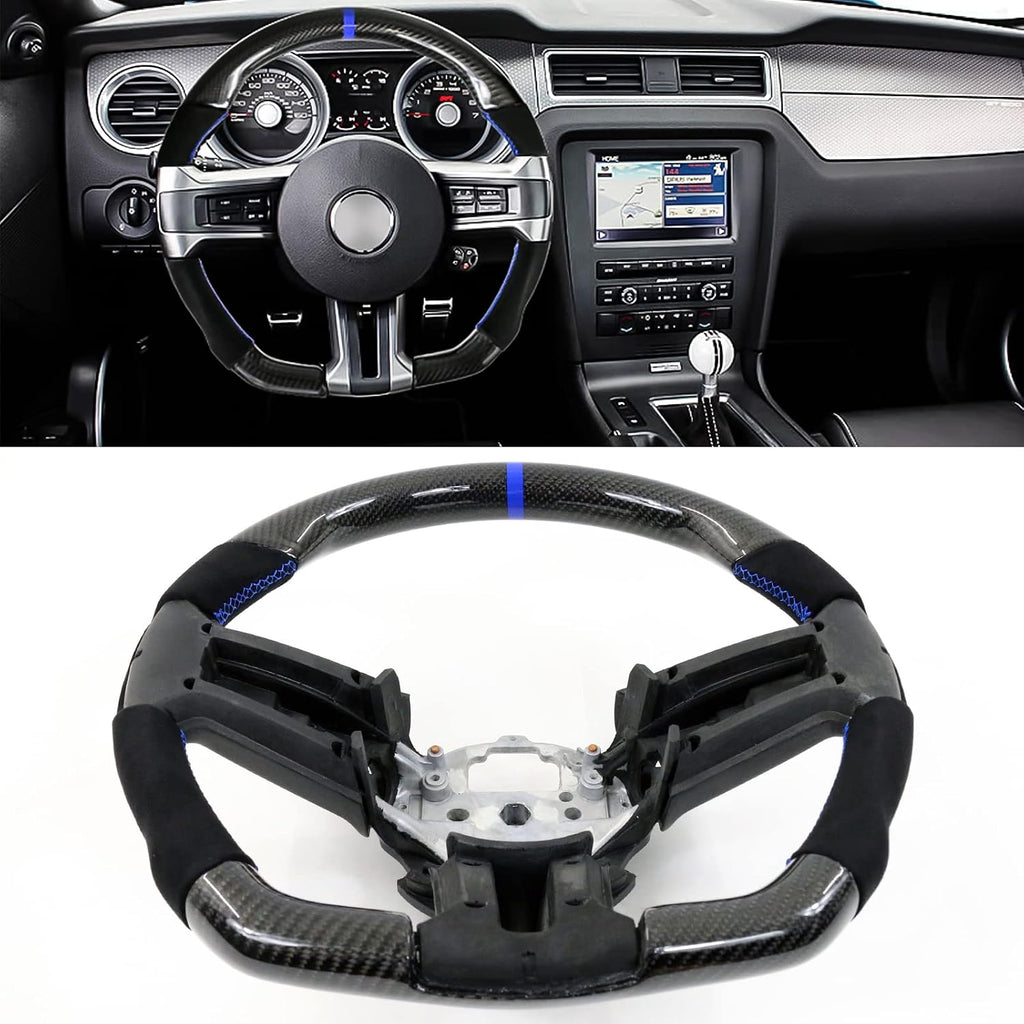 IKON MOTORSPORTS, Steering Wheel Compatible with 2010-2014 Ford Mustang, Steering Wheel Bodykit Replacement Carbon Fiber & Synthetic Suede Blue Stitch & Indicator, 2011 2012 2013