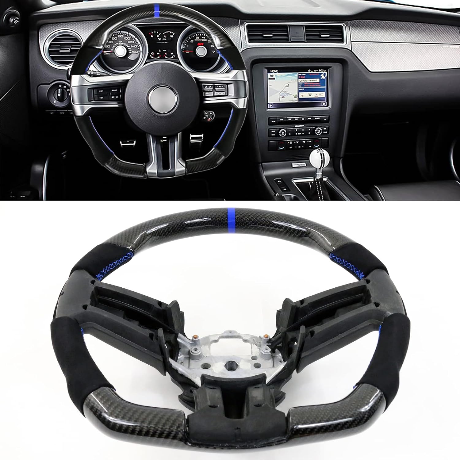 IKON MOTORSPORTS, Steering Wheel Compatible with 2010-2014 Ford Mustang, Steering Wheel Bodykit Replacement Carbon Fiber & Synthetic Suede Blue Stitch & Indicator, 2011 2012 2013