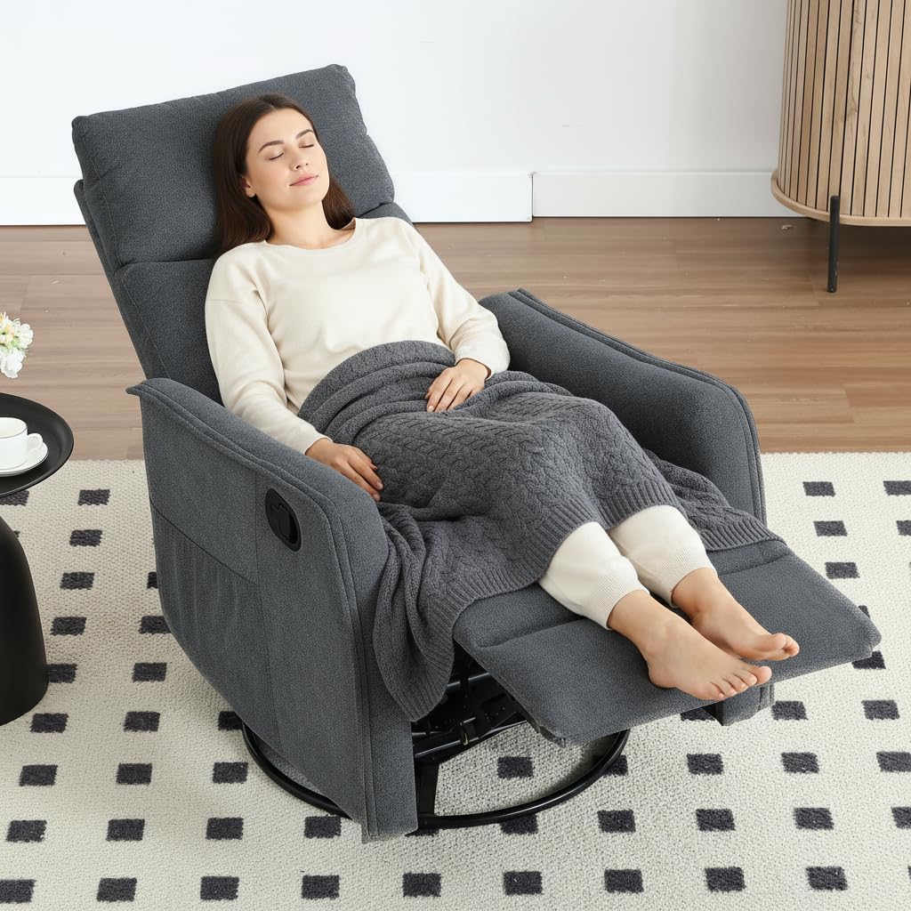 PELUMY 360 Swivel Rocking Recliner Chair for Adults, Nursery Rocking Chair with Heat and Massage, Glider Reclining Chair for Small Space, Living Room, Bedroom (Dark Grey)