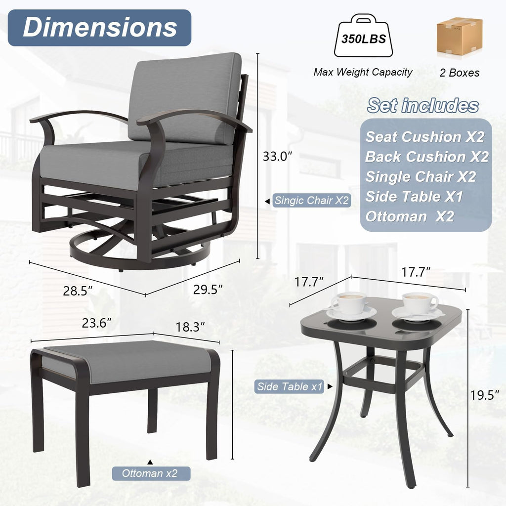 Kurapika 5 Pieces Patio Furniture Set, Outdoor Aluminum Rocking Chair, Patio Bistro Set Swivel Gliders Rocker with Thickened Cushions and Side Table(Grey)