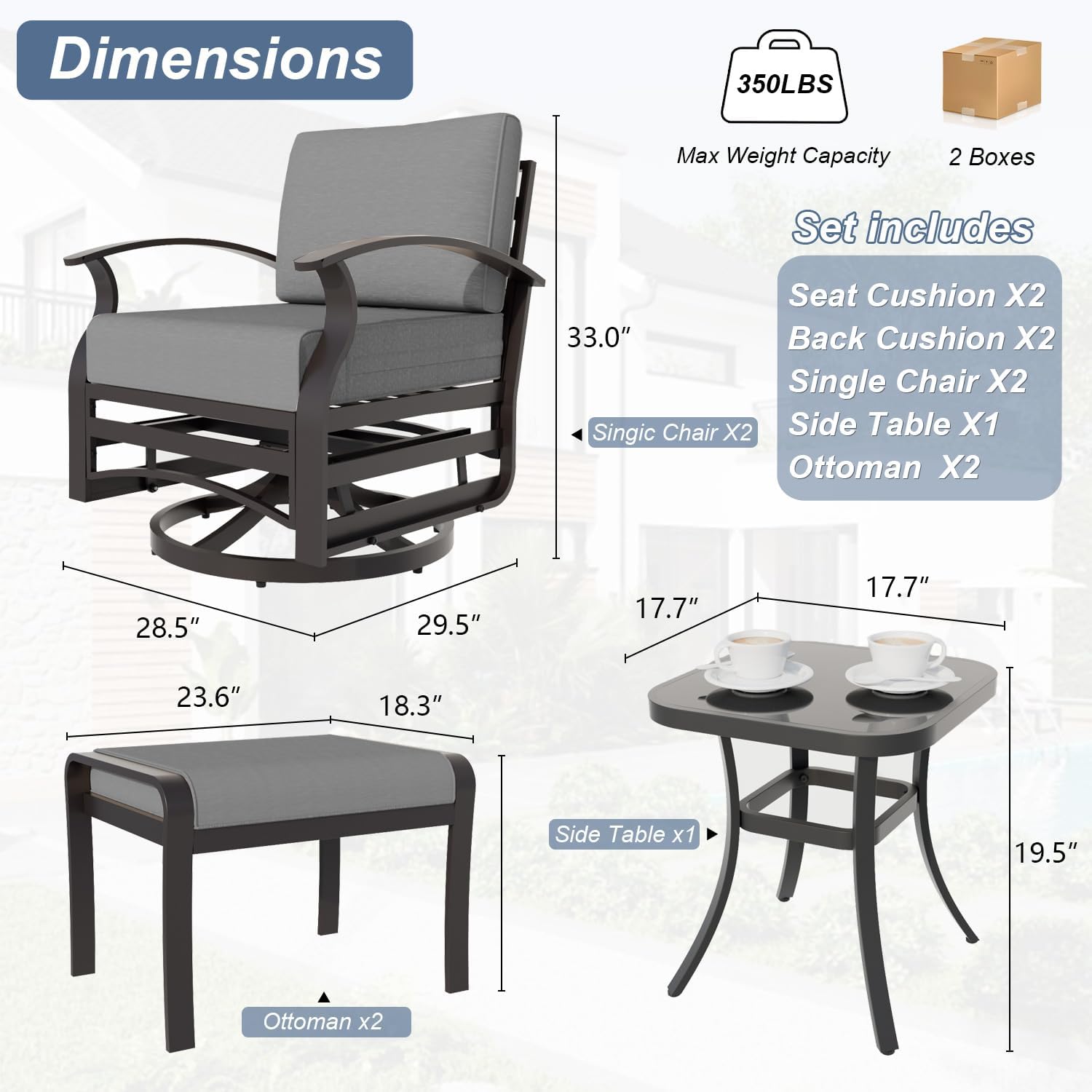 Kurapika 5 Pieces Patio Furniture Set, Outdoor Aluminum Rocking Chair, Patio Bistro Set Swivel Gliders Rocker with Thickened Cushions and Side Table(Grey)