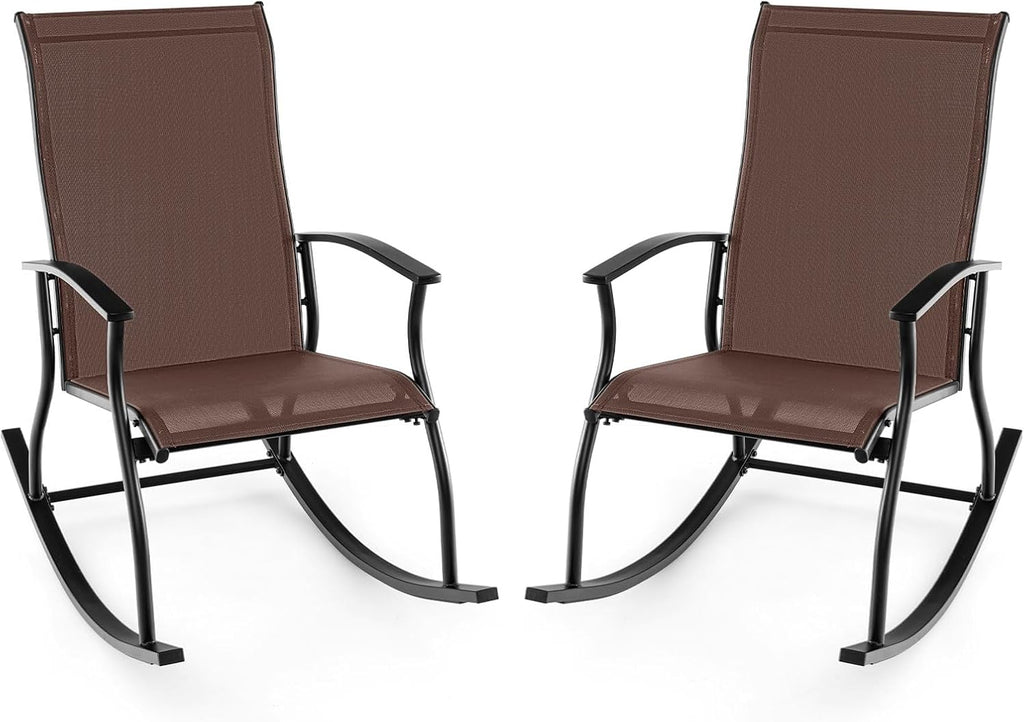 Tangkula Patio Rocking Chairs Set of 2, Outdoor Rocking Chair with Smooth & Safe Rocking Motion, Ergonomic Backrest, Breathable Fabric, All-Weather Outdoor Rocker for Backyard, Poolside (1, Brown)