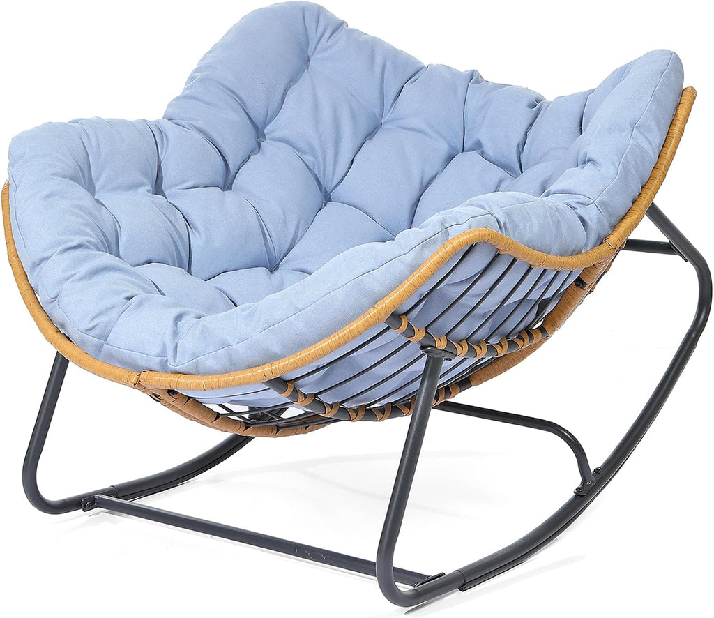 SWITTE Outdoor Rocking Chair, Indoor Papasan Rocking Lounge with Thick Cushion, Oversized Cozy Patio Rocker for Bedroom, Living Room, Porch, Garden, Lawn-Light Blue