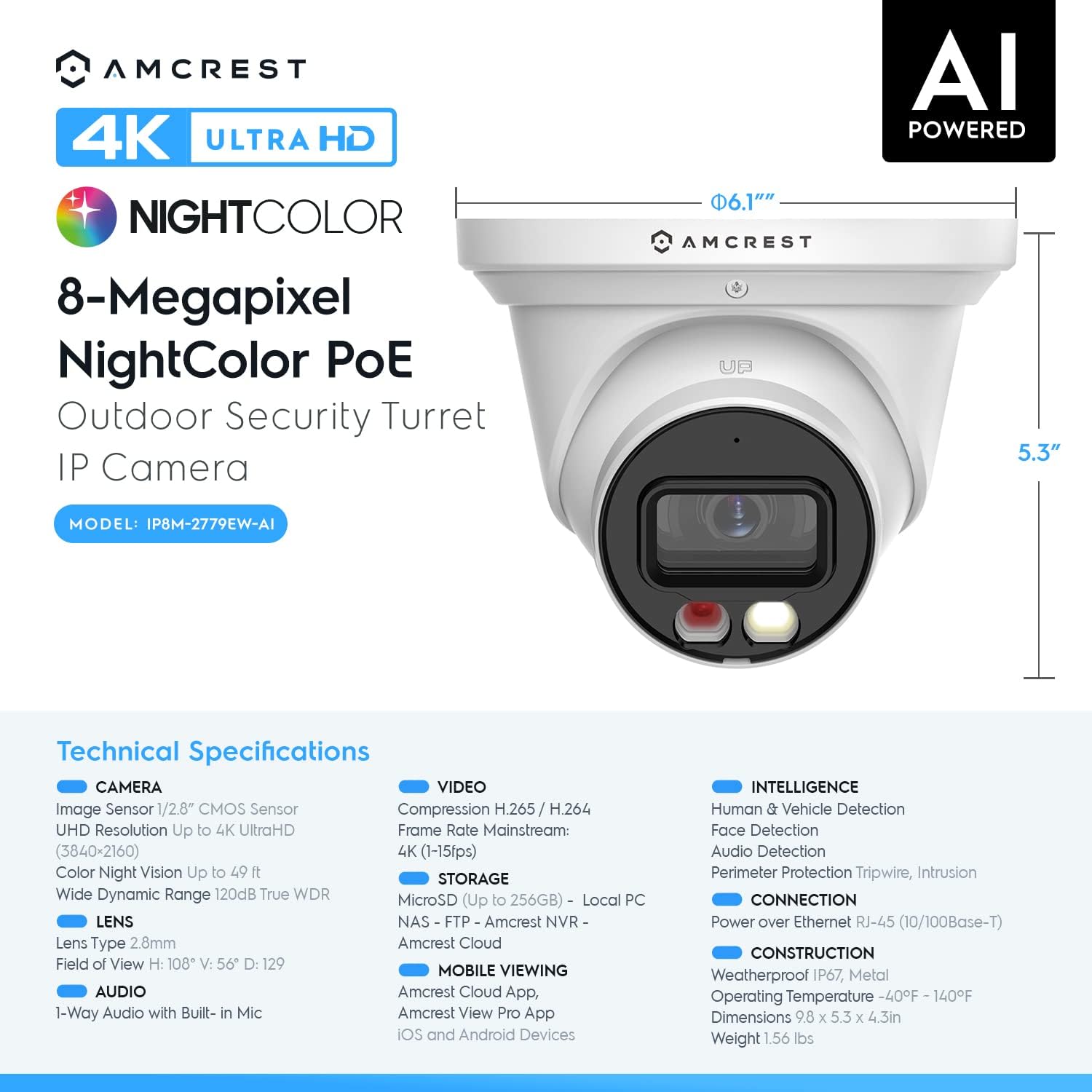 Amcrest 4K Security Camera System, 4K 8CH PoE NVR, (4) x 8-Megapixel Night Color Turret POE IP Cameras (IP8M-2779EW-AI), Active Deterrent, Pre-Installed 2TB Hard Drive, NV4108E-2779EW4-2TB (White)