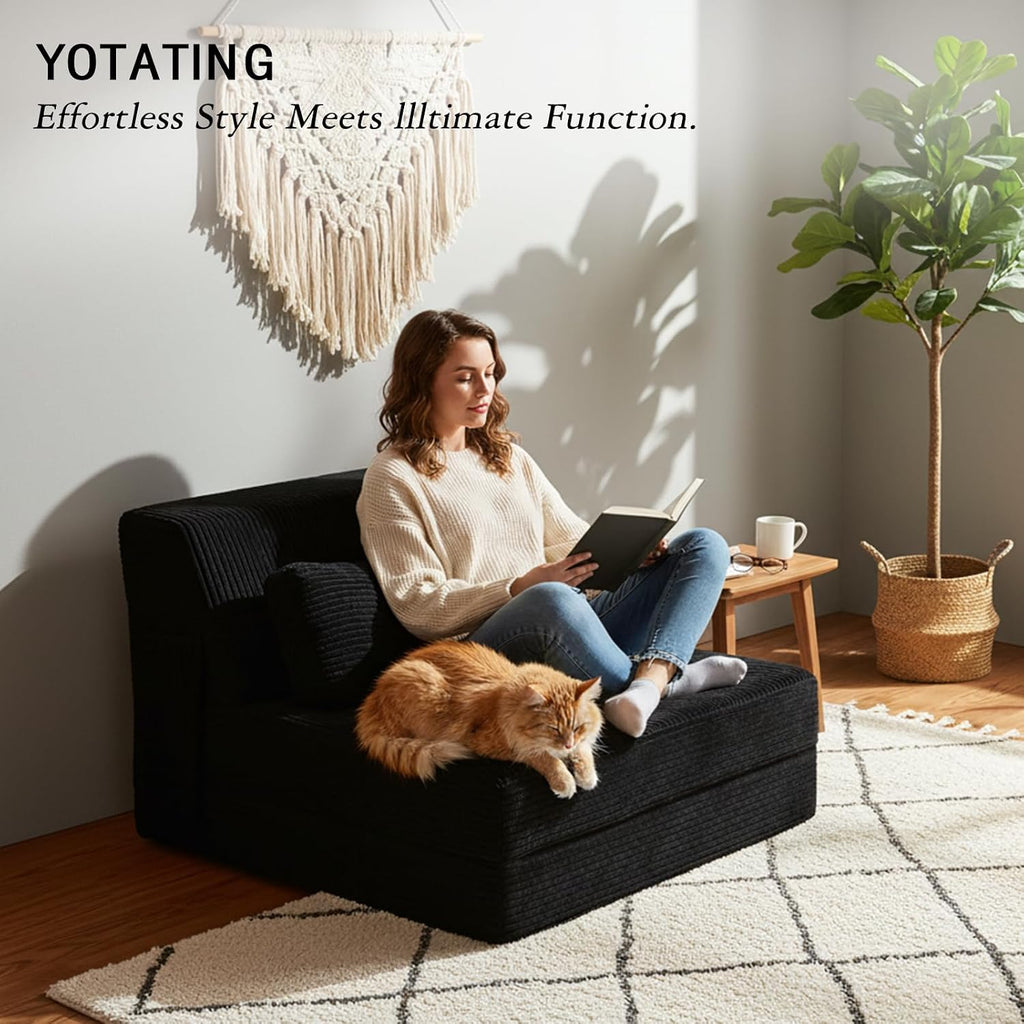 Folding Sofa Bed with Pillow, Convertible Sleeper Chair, Comfy Floor Futon Couch Mattress Lounge Sofa for Adults Portable Fold Out Chair Bed for Living Room Bedroom, Single, Black