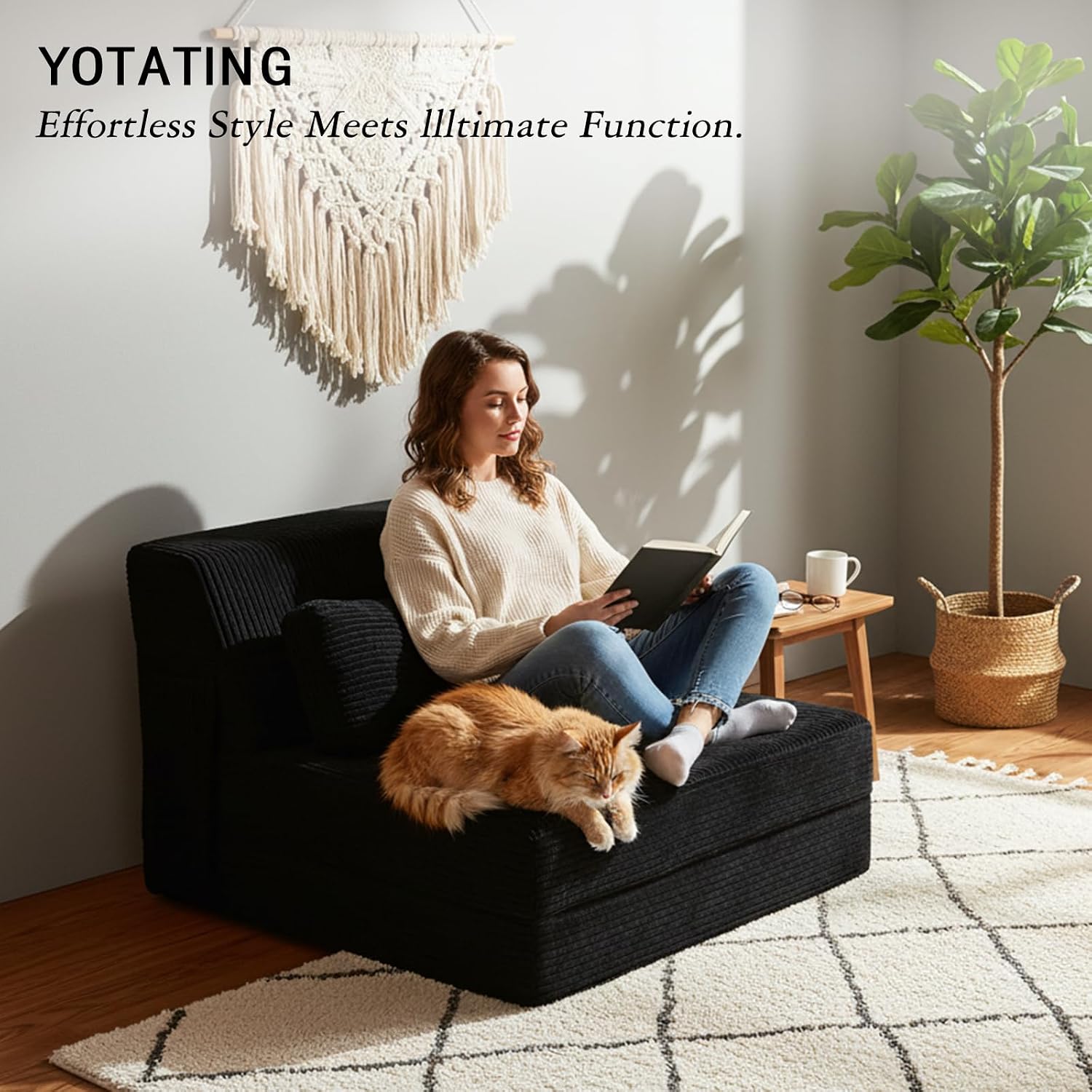 Folding Sofa Bed with Pillow, Convertible Sleeper Chair, Comfy Floor Futon Couch Mattress Lounge Sofa for Adults Portable Fold Out Chair Bed for Living Room Bedroom, Single, Black