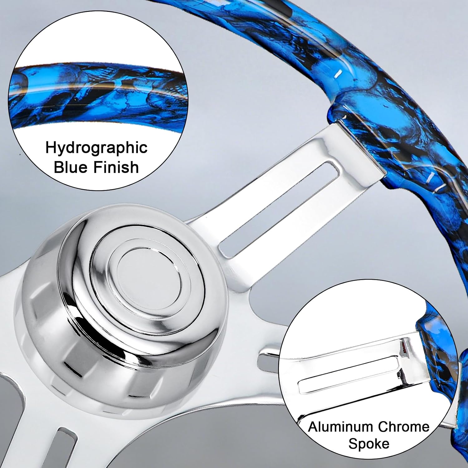 Sorghum 18' Solid Wood Steering Wheel - Hydrographic Blue Skulls 4 Spokes Aluminum Chrome Steering Wheel with Horn Button for Trucks Compatible with Mack Kenworth Peterbilt Volvo Freightliner