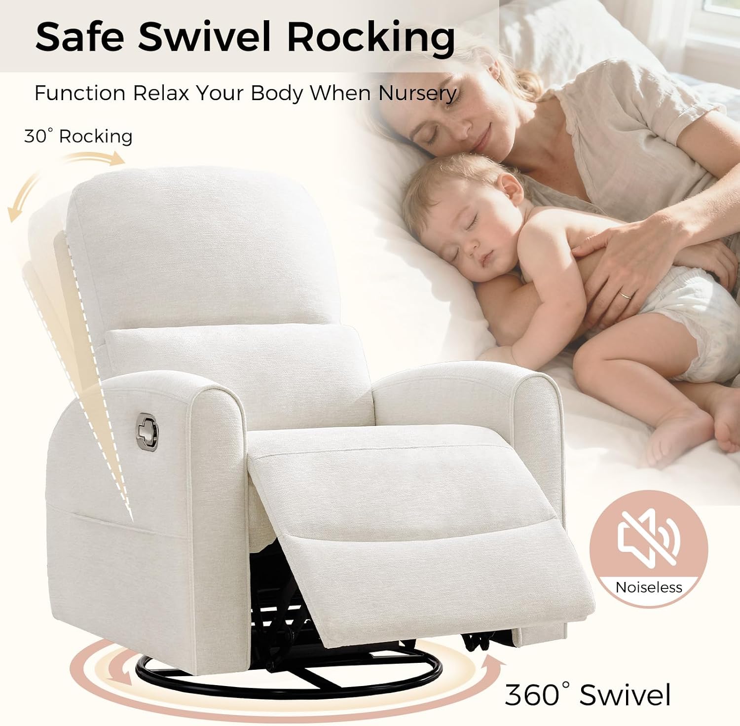 Swivel Rocker Recliner, Manual Swivel Glider Nursery Recliner Chair with Adjustable Headrest and Lumbar Support, Rocking Recling Chairs for Small Space, Living Room, Bedroom, White