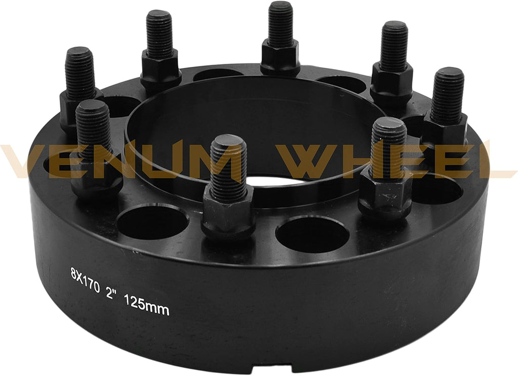 Complete Bolt-On Kit 2' Thick Black Hub Centric Wheel Spacers Adapters (True Hub Centric) With Lip M14x1.5 Studs Lug Nuts Made In USA Works With F-250 F-350 SRW Excursion