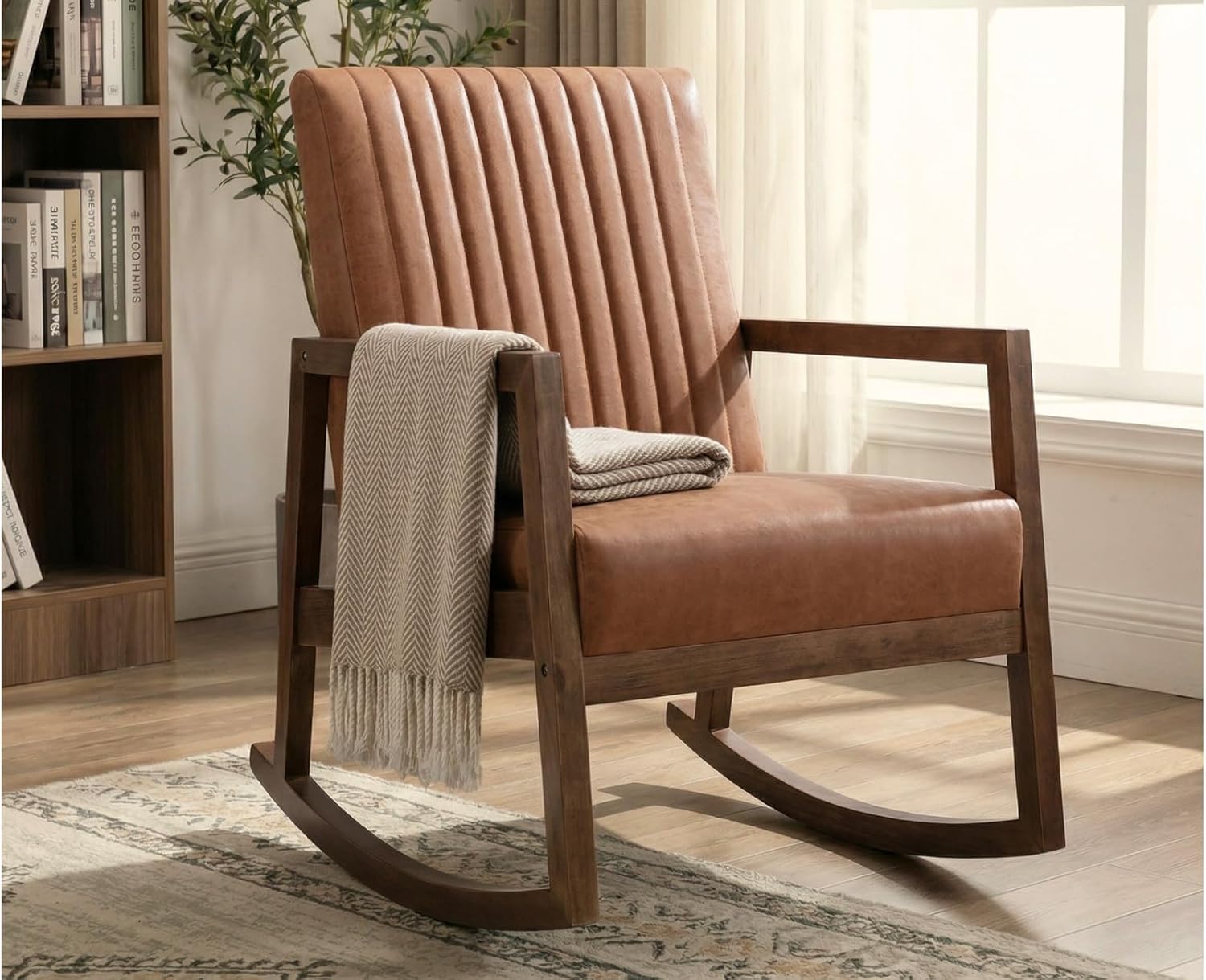 CIMOTA Leather Modern Rocking Chair Mid Century Armchair Upholstered Arm Chair with Padded Seat/Wood Frame, Comfy Rocker for Living Room/Bedroom, Retro Brown PU