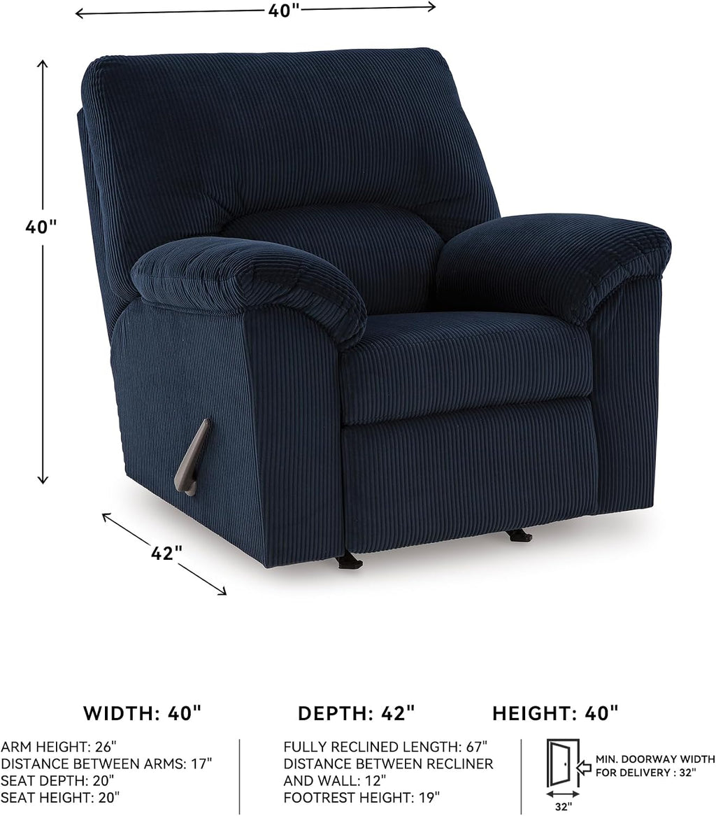 Signature Design by Ashley SimpleJoy Casual Manual Rocker Recliner with Pillow-Top Arms, Blue