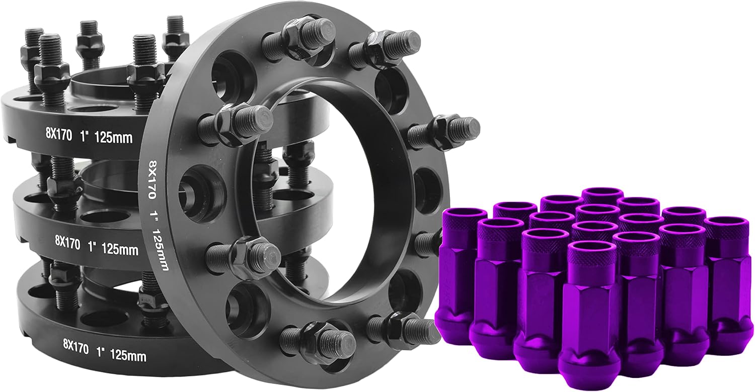 4 Pc Hub Centric Wheel Adapters Spacers | 8x170 MM | 1' Thick | M14x1.5 + 32 Pc Tall Opened End Purple Lug Nuts W/Thread Locker Works with 2003-2019 Ford F-250 F-350 Super Duty